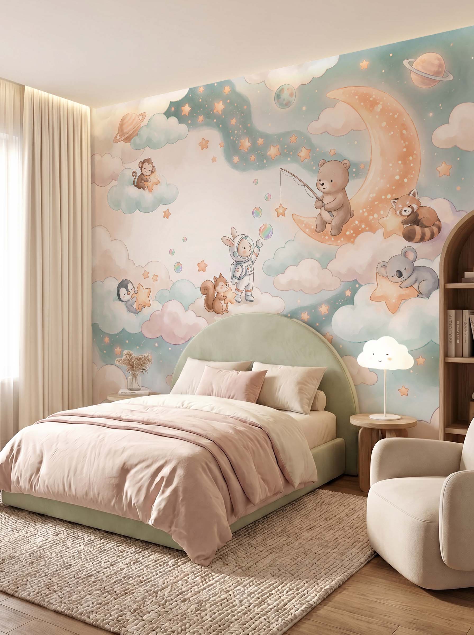 Interior room mockup featuring the Musee Starry Lullaby wall mural with a watercolor night sky and sweet animals, creating a peaceful and imaginative kids room atmosphere.4 Interior room mockup featuring the Musee Starry Lullaby wall mural with a watercolor night sky and sweet animals, creating a peaceful and imaginative kids room atmosphere.4