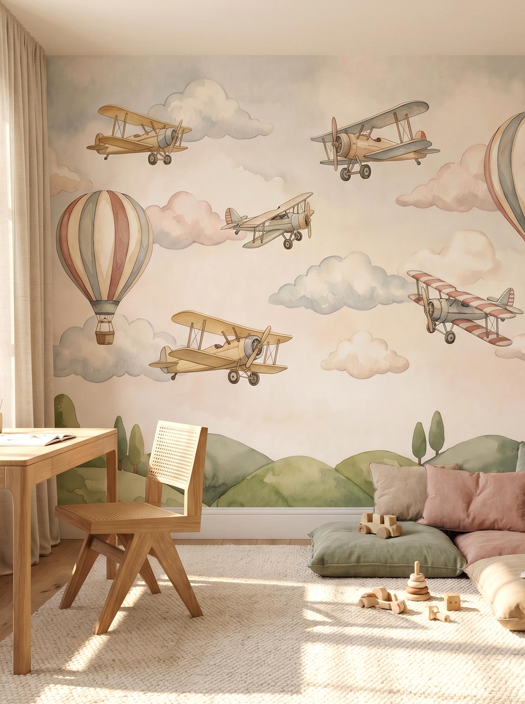 Interior room mockup featuring the Musee Vintage Flight wall mural with watercolor airplanes and hot air balloons, creating an adventurous and imaginative kids room atmosphere.1 Interior room mockup featuring the Musee Vintage Flight wall mural with watercolor airplanes and hot air balloons, creating an adventurous and imaginative kids room atmosphere.1