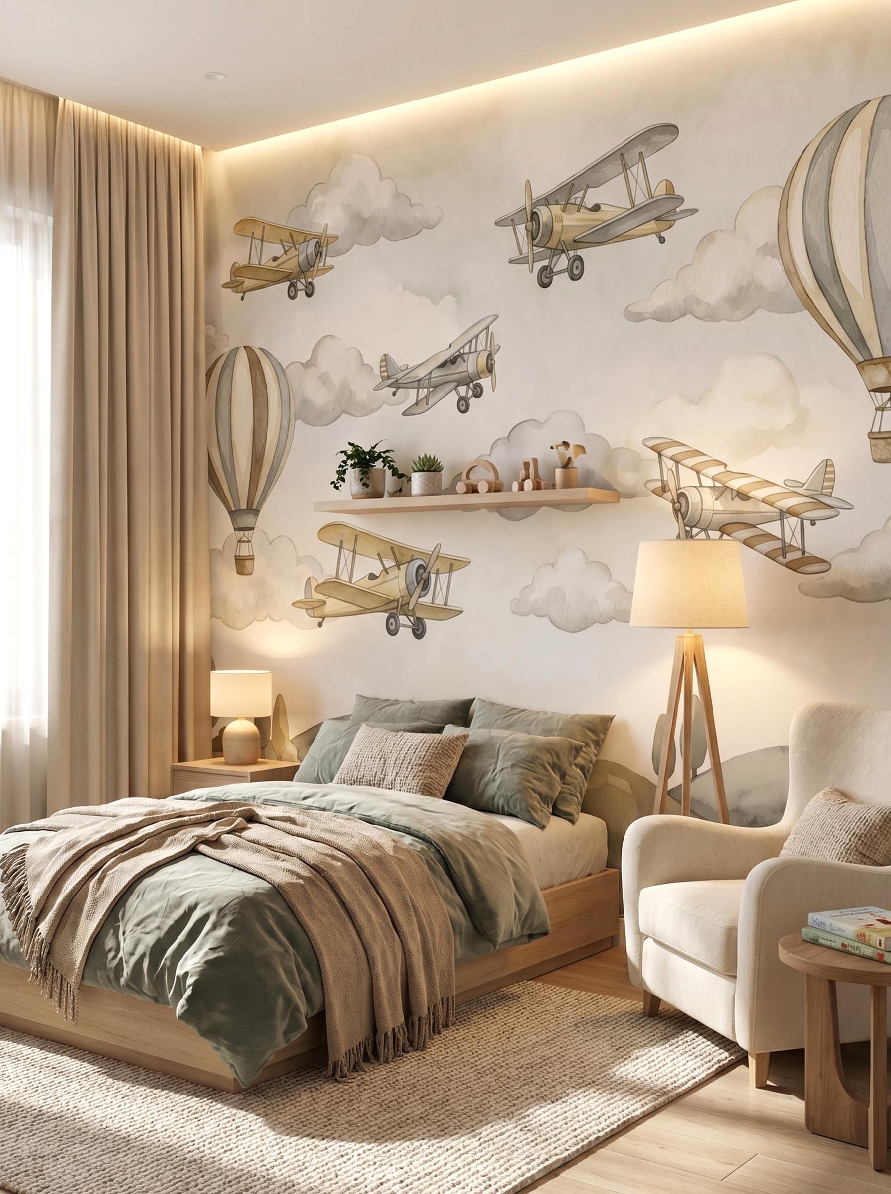 Interior room mockup featuring the Musee Vintage Flight wall mural with watercolor airplanes and hot air balloons, creating an adventurous and imaginative kids room atmosphere.2 Interior room mockup featuring the Musee Vintage Flight wall mural with watercolor airplanes and hot air balloons, creating an adventurous and imaginative kids room atmosphere.2