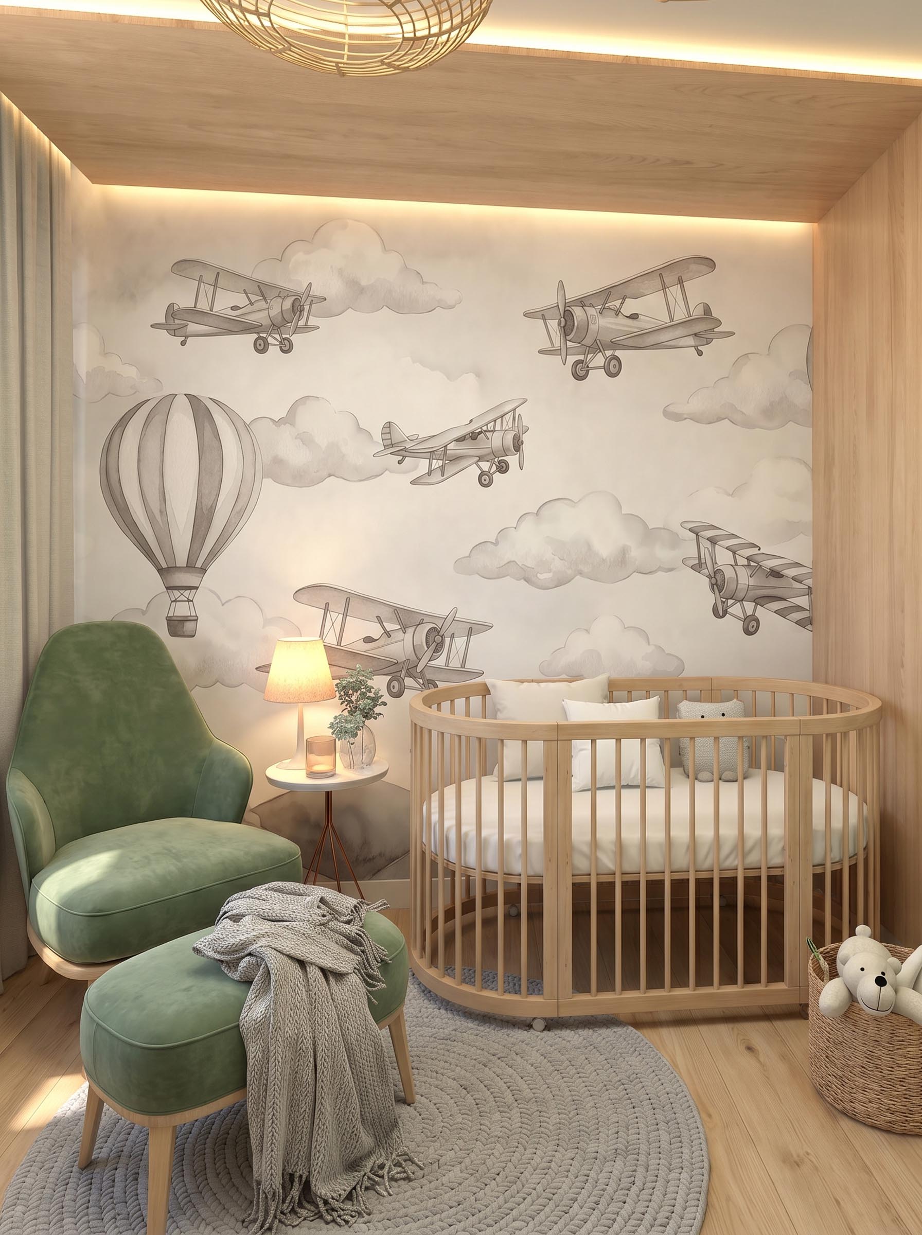 Interior room mockup featuring the Musee Vintage Flight wall mural with watercolor airplanes and hot air balloons, creating an adventurous and imaginative kids room atmosphere.3 Interior room mockup featuring the Musee Vintage Flight wall mural with watercolor airplanes and hot air balloons, creating an adventurous and imaginative kids room atmosphere.3