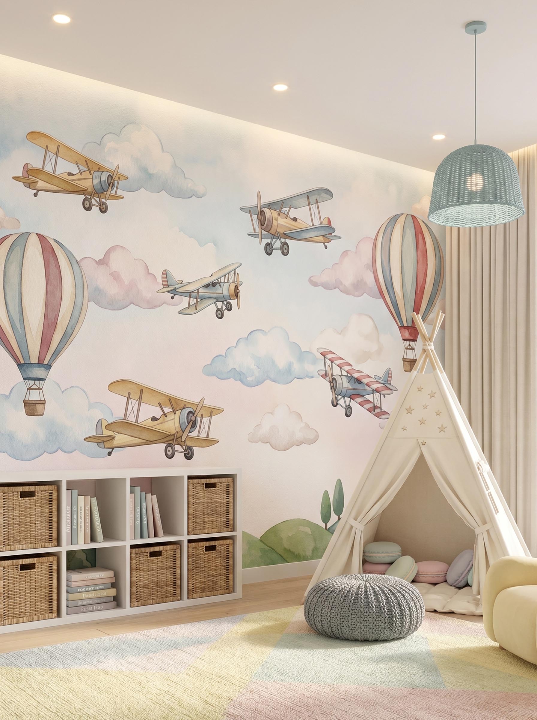 Interior room mockup featuring the Musee Vintage Flight wall mural with watercolor airplanes and hot air balloons, creating an adventurous and imaginative kids room atmosphere.4 Interior room mockup featuring the Musee Vintage Flight wall mural with watercolor airplanes and hot air balloons, creating an adventurous and imaginative kids room atmosphere.4