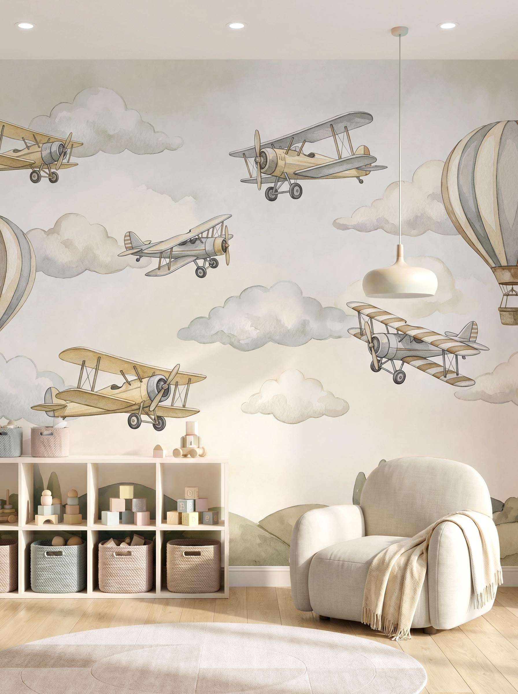 Interior room mockup featuring the Musee Vintage Flight wall mural with watercolor airplanes and hot air balloons, creating an adventurous and imaginative kids room atmosphere.5 Interior room mockup featuring the Musee Vintage Flight wall mural with watercolor airplanes and hot air balloons, creating an adventurous and imaginative kids room atmosphere.5