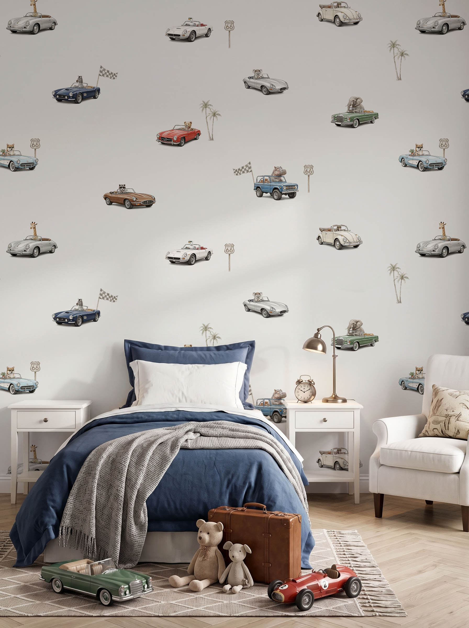 Interior room mockup featuring the Musee Vintage Voyagers wall mural with vintage cars and animals, creating a playful and adventurous kids room atmosphere.1 Interior room mockup featuring the Musee Vintage Voyagers wall mural with vintage cars and animals, creating a playful and adventurous kids room atmosphere.1
