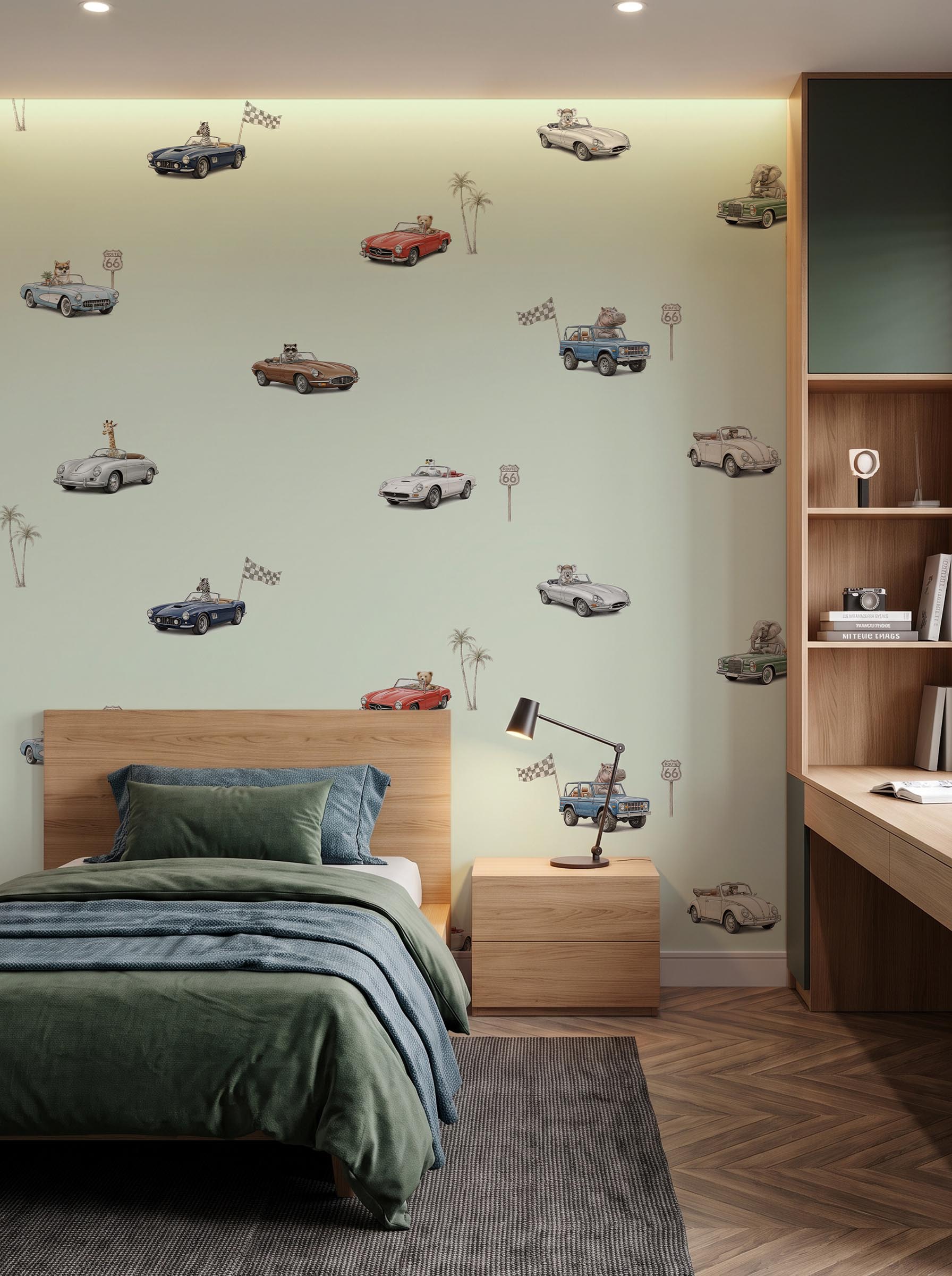 Interior room mockup featuring the Musee Vintage Voyagers wall mural with vintage cars and animals, creating a playful and adventurous kids room atmosphere.2 Interior room mockup featuring the Musee Vintage Voyagers wall mural with vintage cars and animals, creating a playful and adventurous kids room atmosphere.2