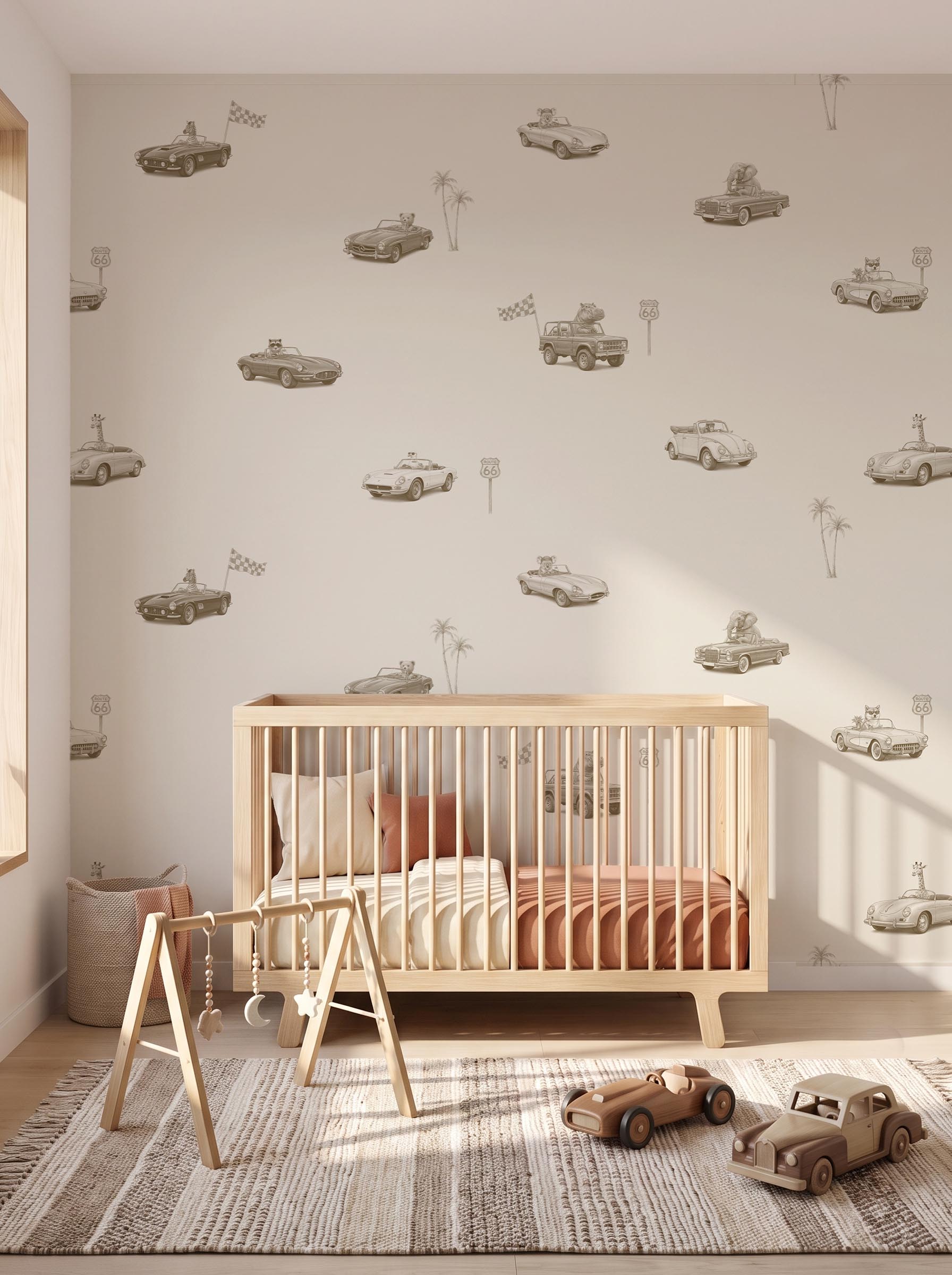 Interior room mockup featuring the Musee Vintage Voyagers wall mural with vintage cars and animals, creating a playful and adventurous kids room atmosphere.3 Interior room mockup featuring the Musee Vintage Voyagers wall mural with vintage cars and animals, creating a playful and adventurous kids room atmosphere.3