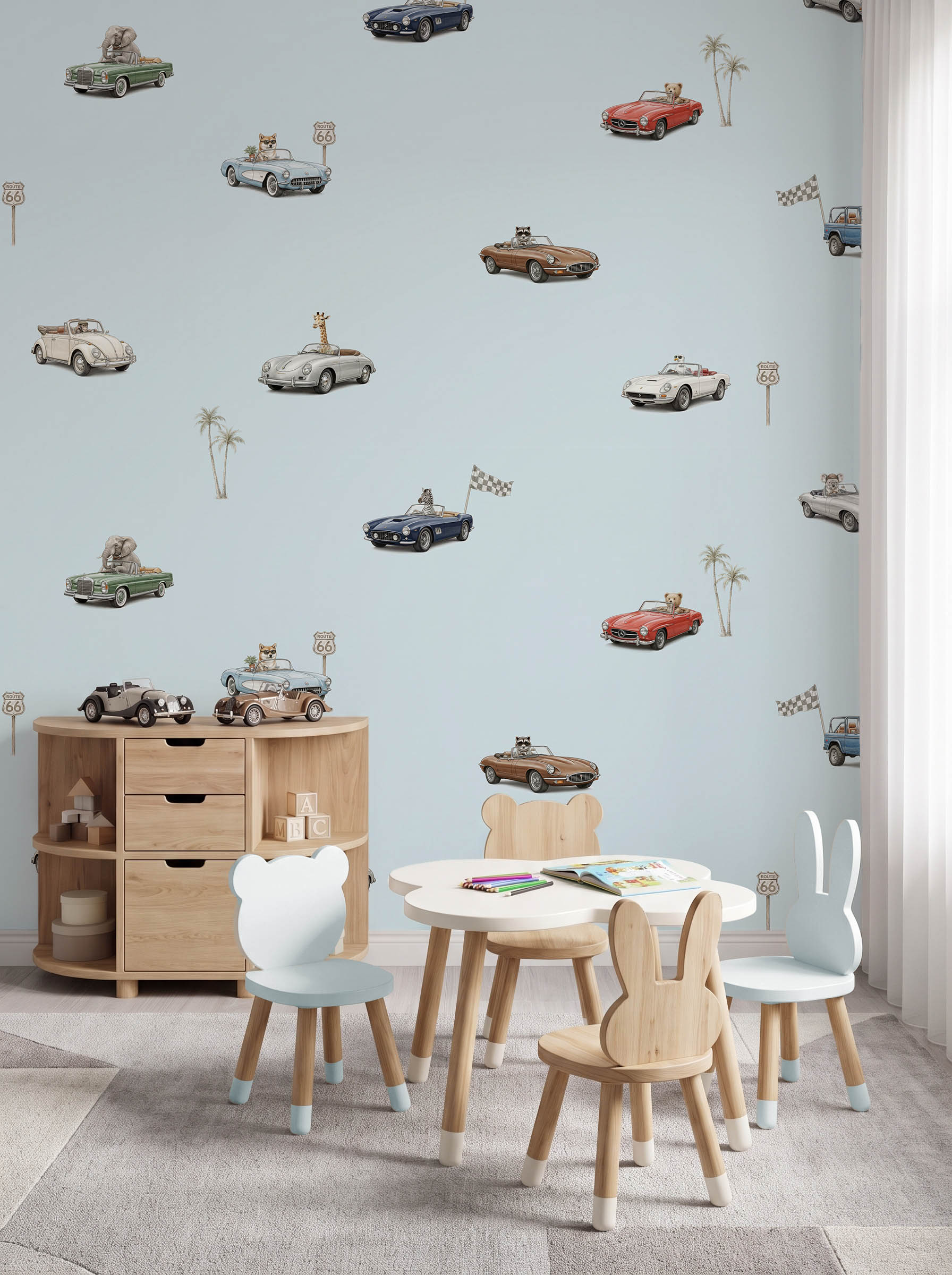 Interior room mockup featuring the Musee Vintage Voyagers wall mural with vintage cars and animals, creating a playful and adventurous kids room atmosphere.4 Interior room mockup featuring the Musee Vintage Voyagers wall mural with vintage cars and animals, creating a playful and adventurous kids room atmosphere.4