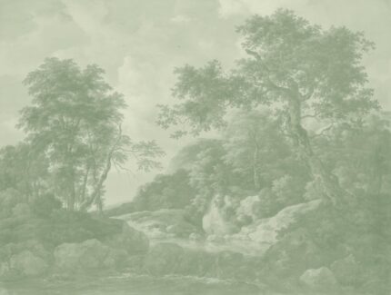 تصميم ورق حائط Musee يعرض نمط "Forest Cascade" بمجموعة متنوعة من الألوان، ويتميز برسمة كلاسيكية لمناظر طبيعية من إبداع جاكوب فان رويسدايل.