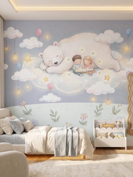 Musee product main image displaying the complete Cloudland Storytime kids wallpaper pattern, featuring a seamless watercolor illustration of children reading with a sleeping bear on a cloud, glo