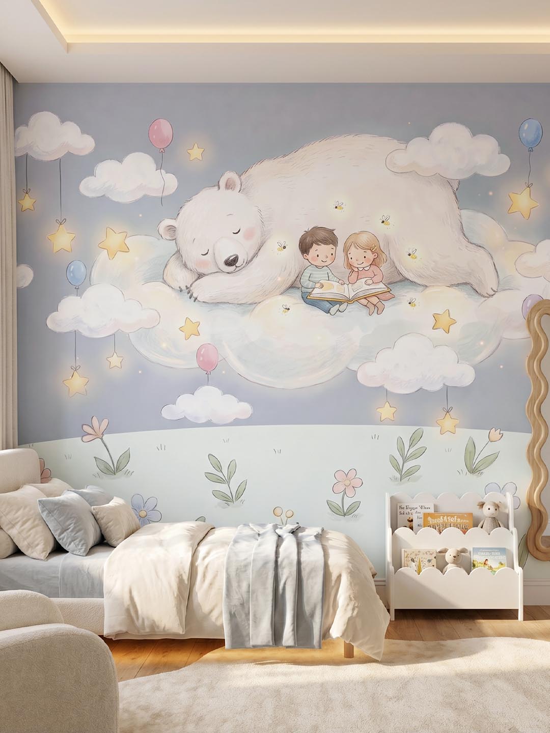 Musee product main image displaying the complete Cloudland Storytime kids wallpaper pattern, featuring a seamless watercolor illustration of children reading with a sleeping bear on a cloud, glo