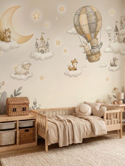 Musee product main image displaying the complete Dreamland Castles kids wallpaper pattern, featuring a seamless watercolor illustration of cloud castles, a hot air balloon with animals