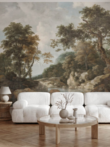 Musee product main image displaying the complete Forest Cascade wallpaper pattern, featuring a high definition restored classical landscape by Jacob van Ruisdael with majestic trees, a rocky