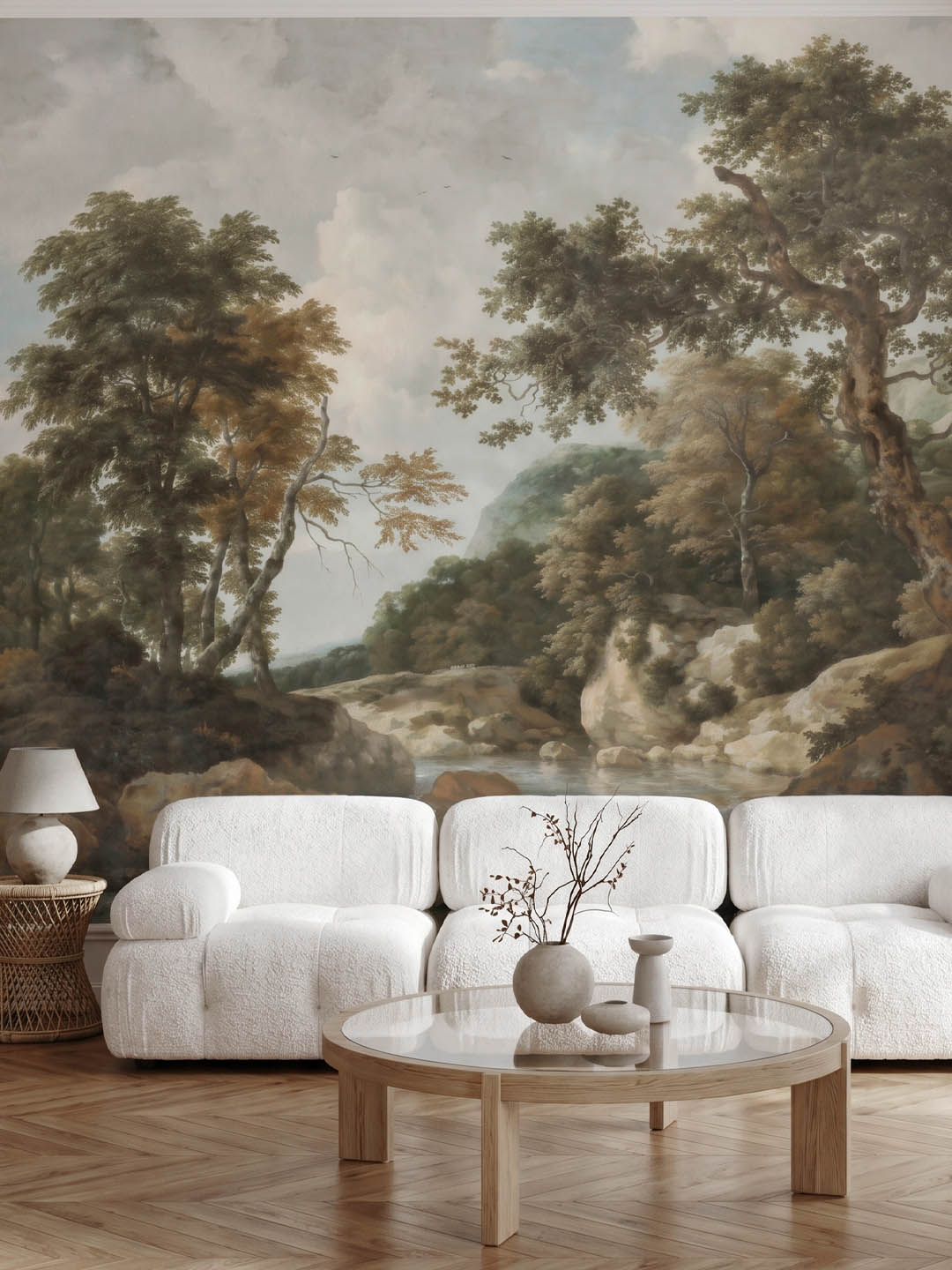 Musee product main image displaying the complete Forest Cascade wallpaper pattern, featuring a high definition restored classical landscape by Jacob van Ruisdael with majestic trees, a rocky Musee product main image displaying the complete Forest Cascade wallpaper pattern, featuring a high definition restored classical landscape by Jacob van Ruisdael with majestic trees, a rocky