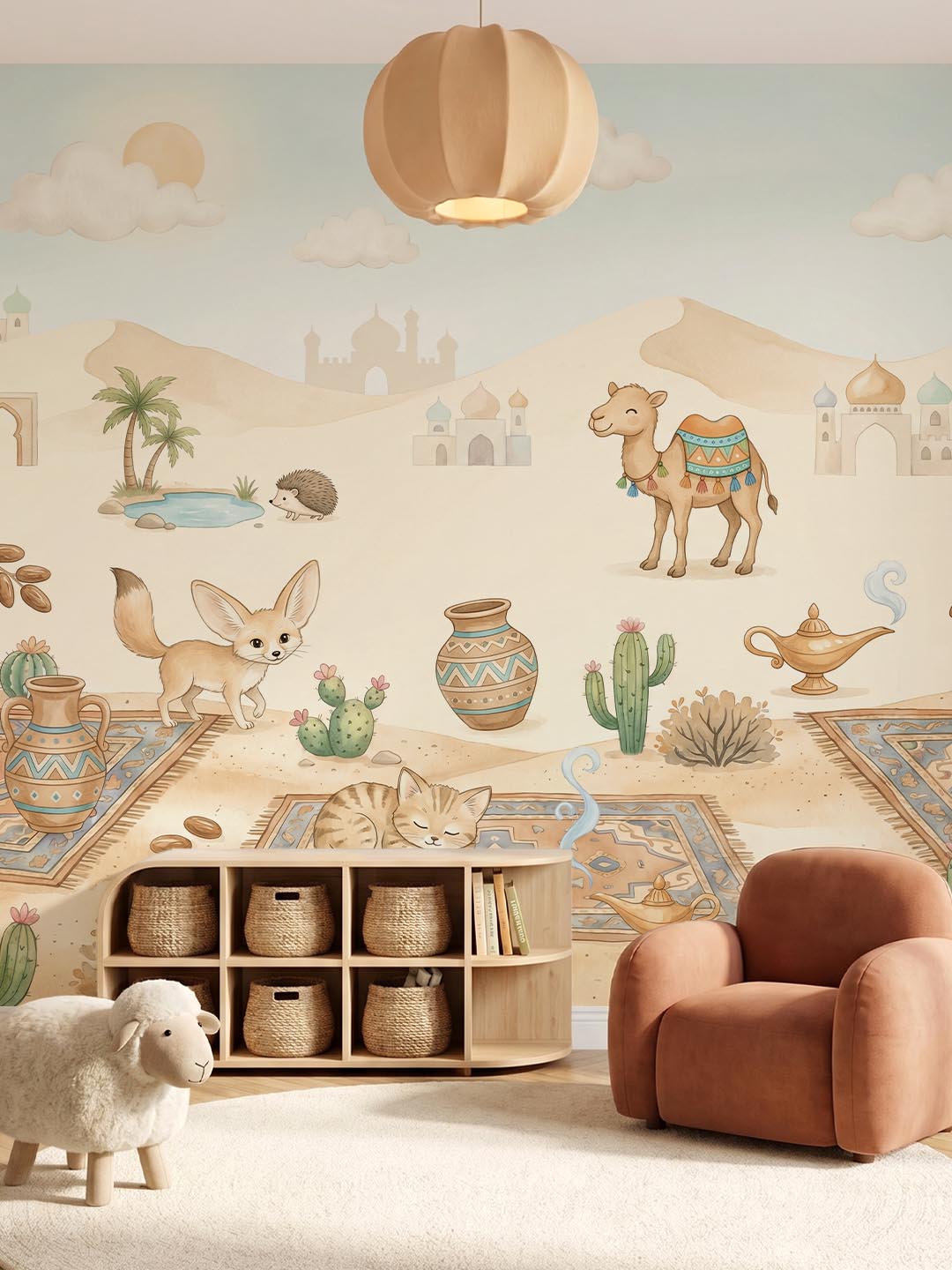 Musee product main image displaying the complete Oasis Tales kids wallpaper pattern, featuring a seamless watercolor illustration of a desert oasis with a camel, fennec fox, magic lamps