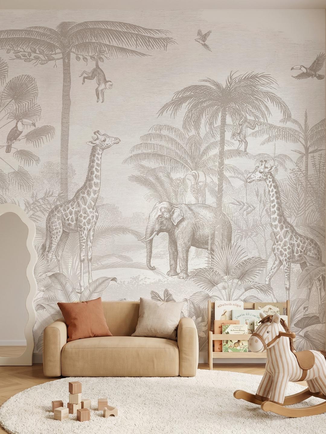 Musee product main image displaying the complete Safari Tales kids wallpaper pattern, featuring a seamless classic etched illustration of a jungle with giraffes, elephants, flamingos, and palm