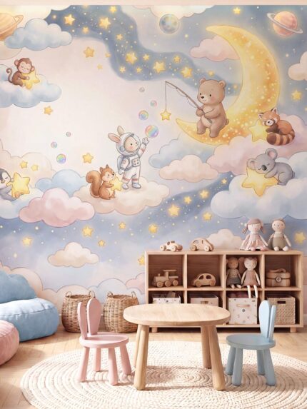 Musee product main image displaying the complete Starry Lullaby kids wallpaper pattern, featuring a seamless watercolor illustration of a dreamy night sky with clouds, stars, planets, and cute