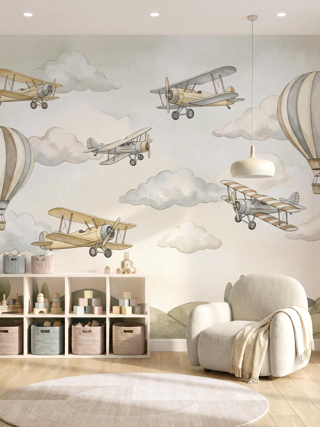 Musee product main image displaying the complete Vintage Flight kids wallpaper pattern, featuring a seamless watercolor illustration of vintage airplanes, hot air balloons, clouds, and rolling hi