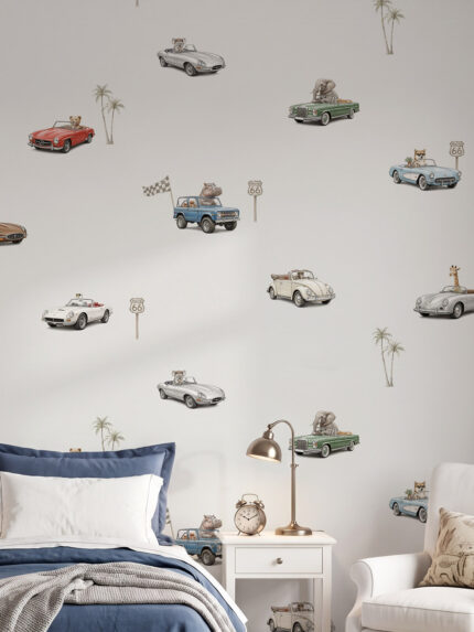 Musee product main image displaying the complete Vintage Voyagers kids wallpaper pattern, featuring a seamless illustration of animals driving vintage classic cars with palm trees and road signs.