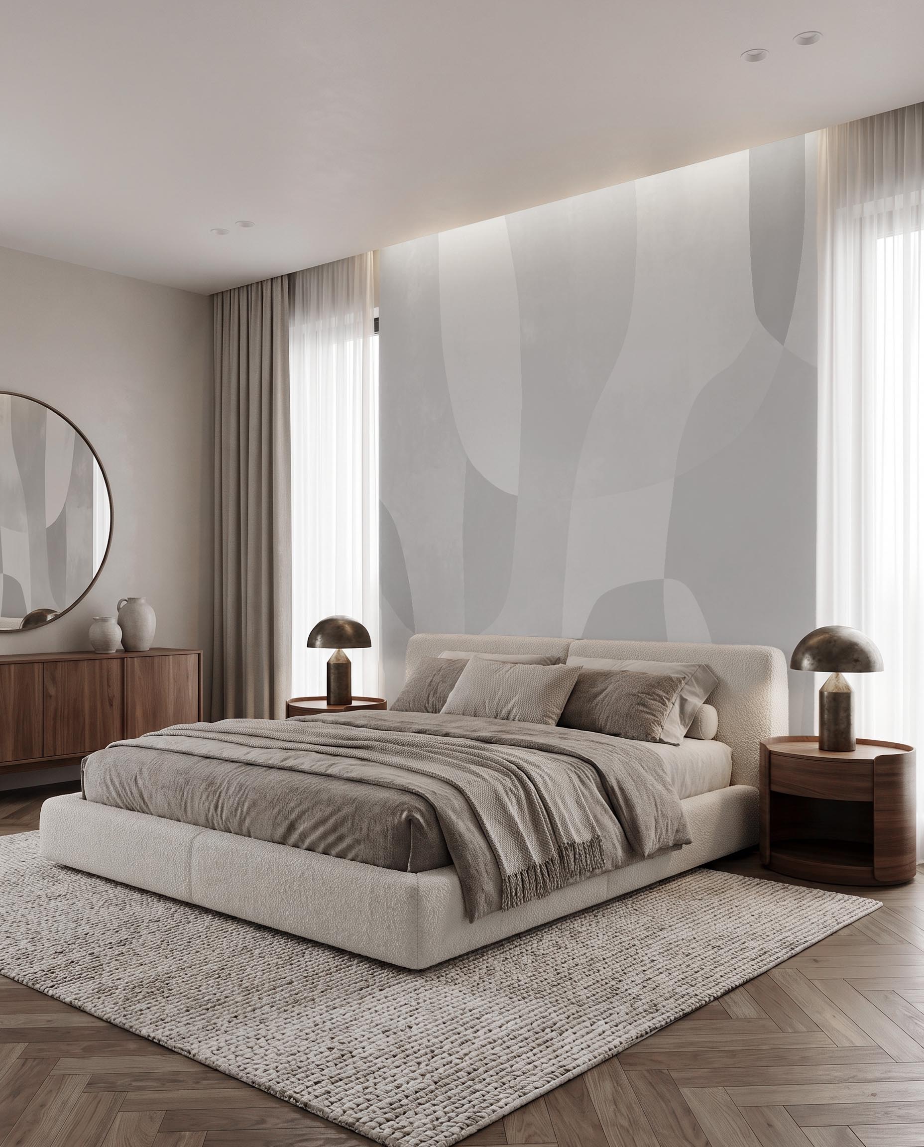 Interior room mockup featuring the Musee Fluid Serenity wall mural with abstract organic shapes, creating a calm and minimalist contemporary atmosphere.1 Interior room mockup featuring the Musee Fluid Serenity wall mural with abstract organic shapes, creating a calm and minimalist contemporary atmosphere.1