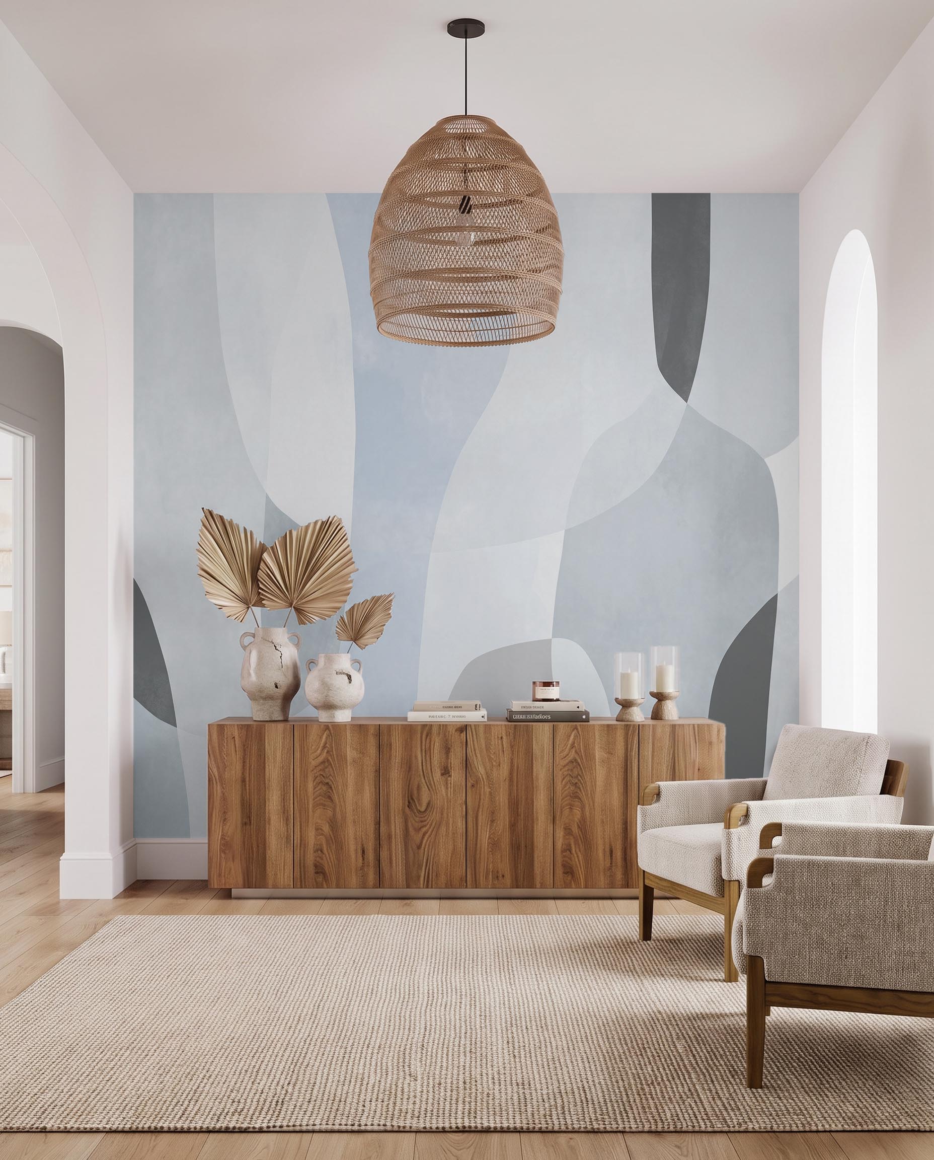 Interior room mockup featuring the Musee Fluid Serenity wall mural with abstract organic shapes, creating a calm and minimalist contemporary atmosphere.2 Interior room mockup featuring the Musee Fluid Serenity wall mural with abstract organic shapes, creating a calm and minimalist contemporary atmosphere.2