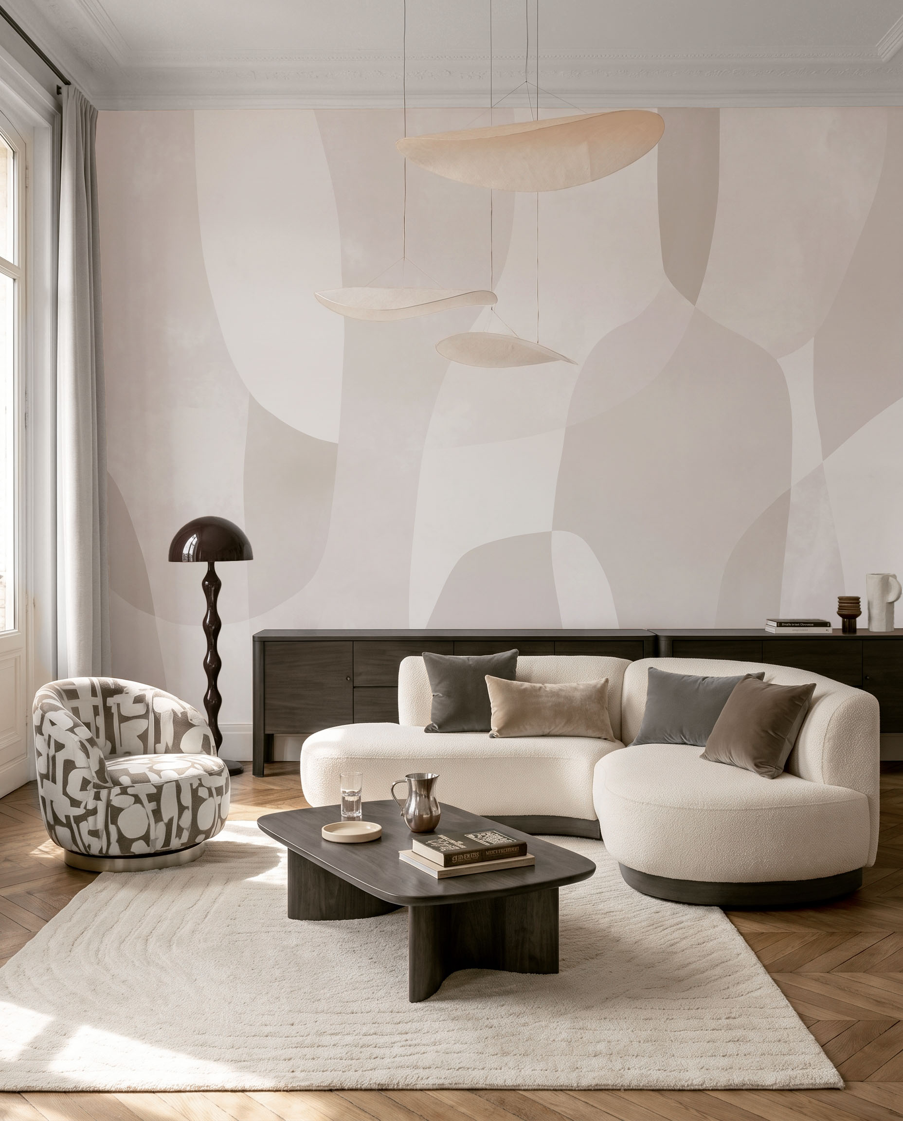 Interior room mockup featuring the Musee Fluid Serenity wall mural with abstract organic shapes, creating a calm and minimalist contemporary atmosphere.4 Interior room mockup featuring the Musee Fluid Serenity wall mural with abstract organic shapes, creating a calm and minimalist contemporary atmosphere.4