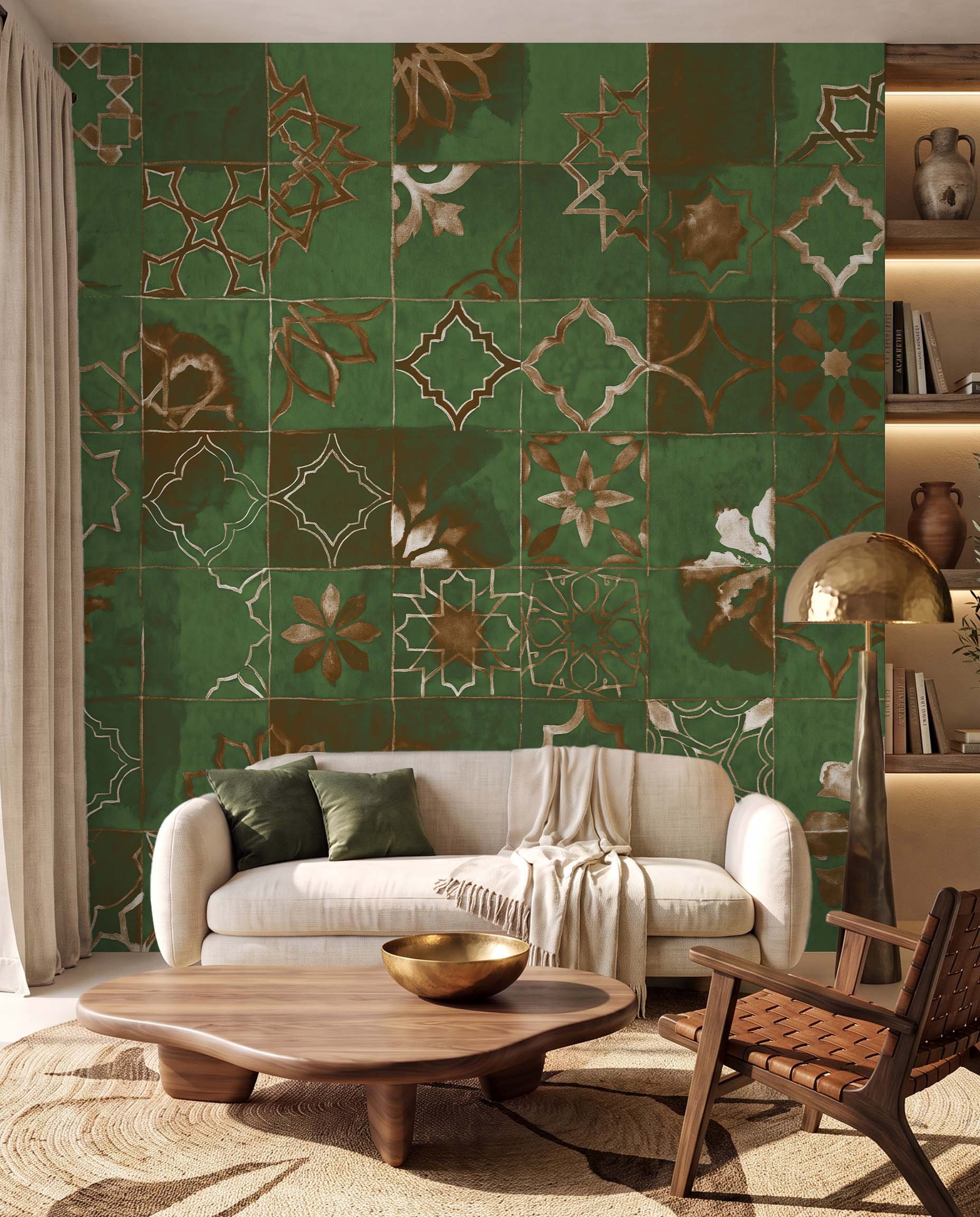 Interior room mockup featuring the Musee Medina Echoes wall mural with vintage Moroccan tiles, creating a sophisticated and culturally rich contemporary atmosphere.1 Interior room mockup featuring the Musee Medina Echoes wall mural with vintage Moroccan tiles, creating a sophisticated and culturally rich contemporary atmosphere.1