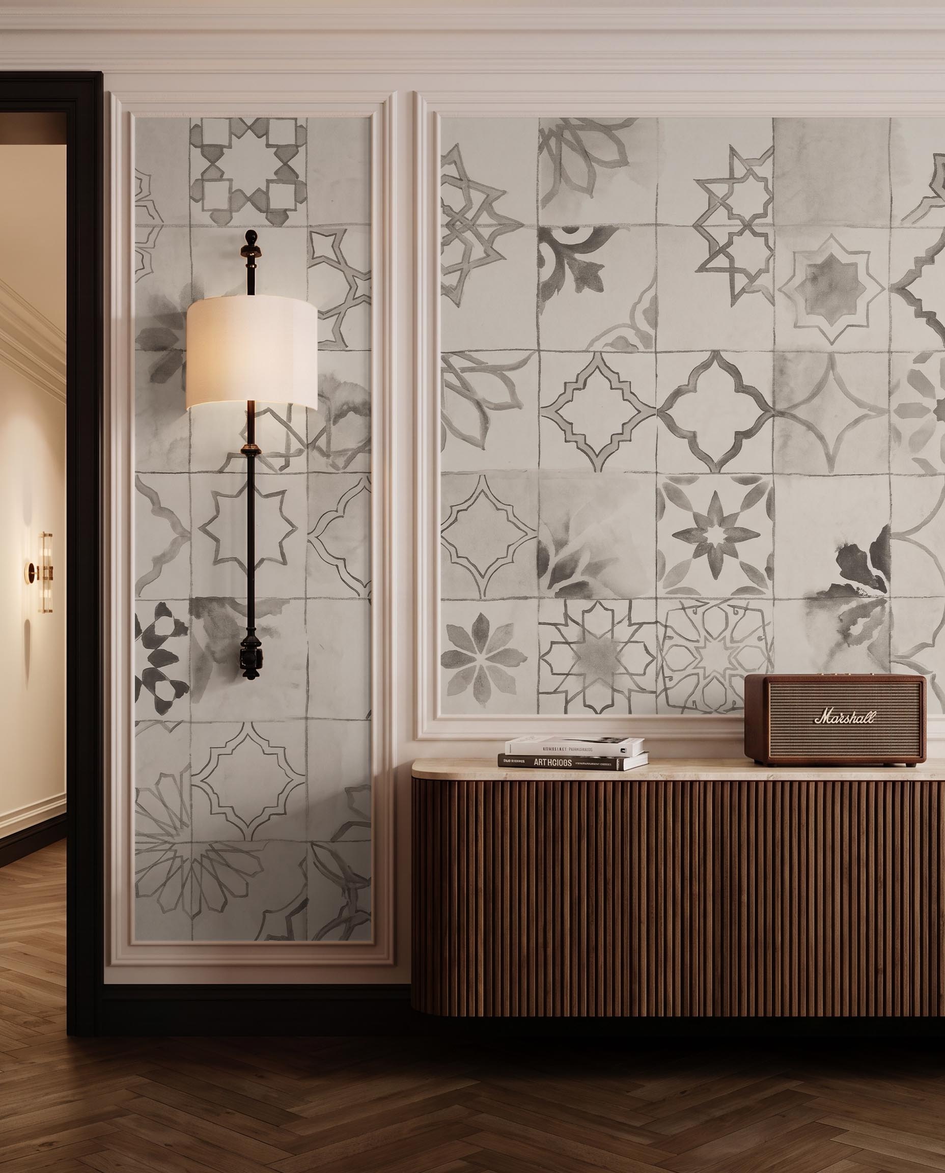 Interior room mockup featuring the Musee Medina Echoes wall mural with vintage Moroccan tiles, creating a sophisticated and culturally rich contemporary atmosphere.2 Interior room mockup featuring the Musee Medina Echoes wall mural with vintage Moroccan tiles, creating a sophisticated and culturally rich contemporary atmosphere.2