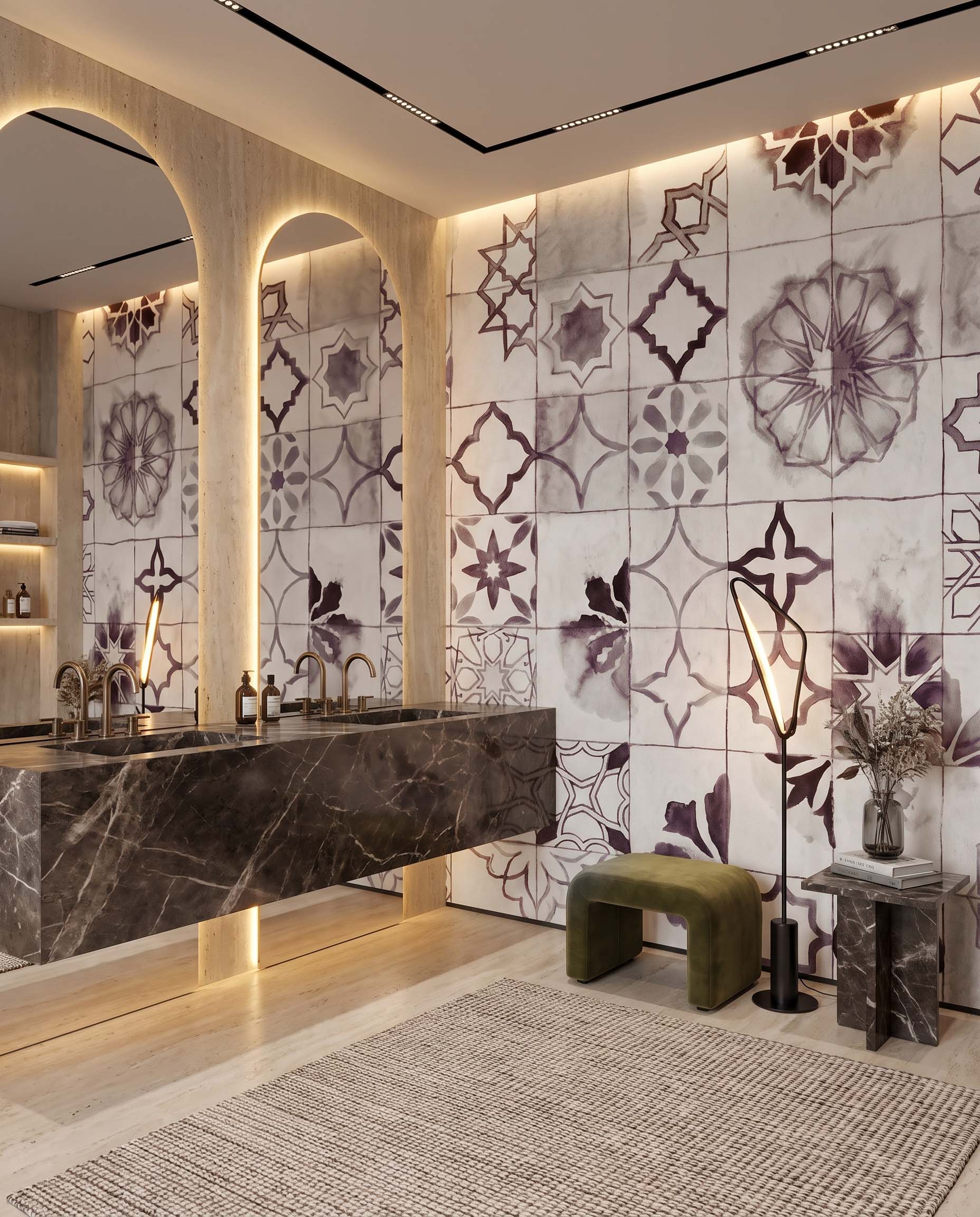 Interior room mockup featuring the Musee Medina Echoes wall mural with vintage Moroccan tiles, creating a sophisticated and culturally rich contemporary atmosphere.4 Interior room mockup featuring the Musee Medina Echoes wall mural with vintage Moroccan tiles, creating a sophisticated and culturally rich contemporary atmosphere.4