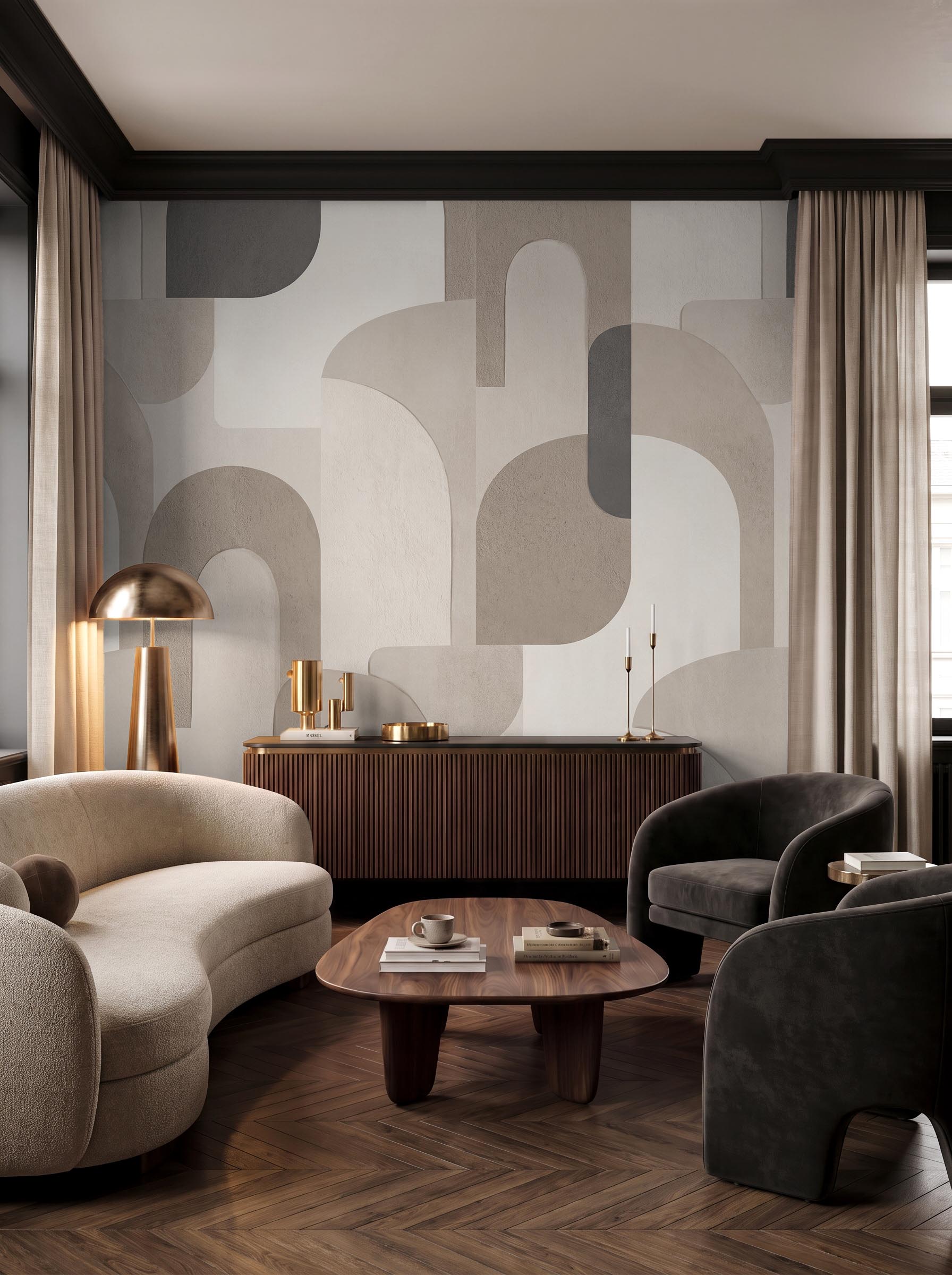 Interior room mockup featuring the Musee Sculpted Harmony wall mural with modern geometric shapes, creating a sophisticated and architectural contemporary atmosphere.1 Interior room mockup featuring the Musee Sculpted Harmony wall mural with modern geometric shapes, creating a sophisticated and architectural contemporary atmosphere.1