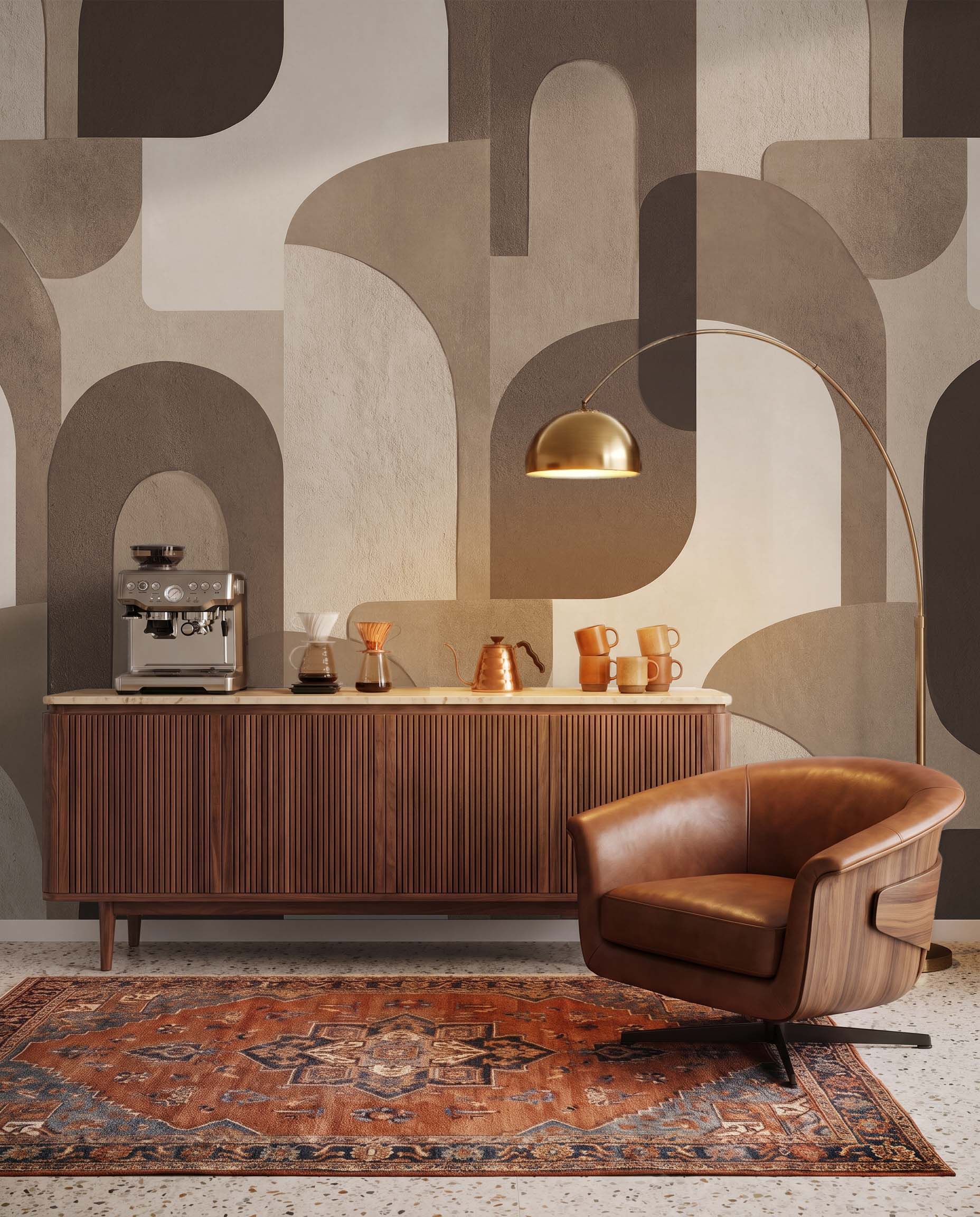 Interior room mockup featuring the Musee Sculpted Harmony wall mural with modern geometric shapes, creating a sophisticated and architectural contemporary atmosphere.3 Interior room mockup featuring the Musee Sculpted Harmony wall mural with modern geometric shapes, creating a sophisticated and architectural contemporary atmosphere.3