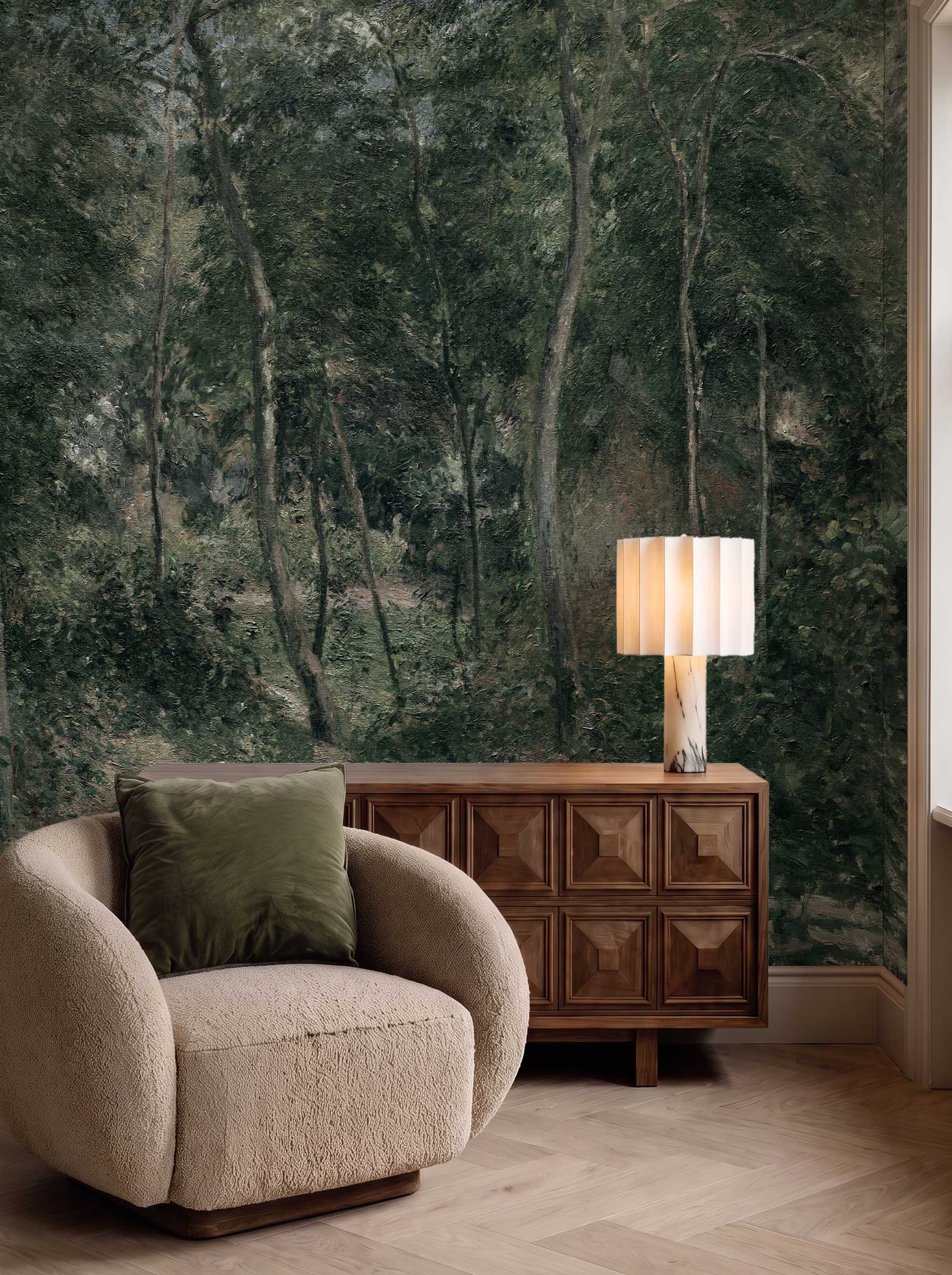 Interior room mockup featuring the Musee Woodland Reverie wall mural with a classic painted forest, creating a calm and sophisticated atmosphere.1 Interior room mockup featuring the Musee Woodland Reverie wall mural with a classic painted forest, creating a calm and sophisticated atmosphere.1