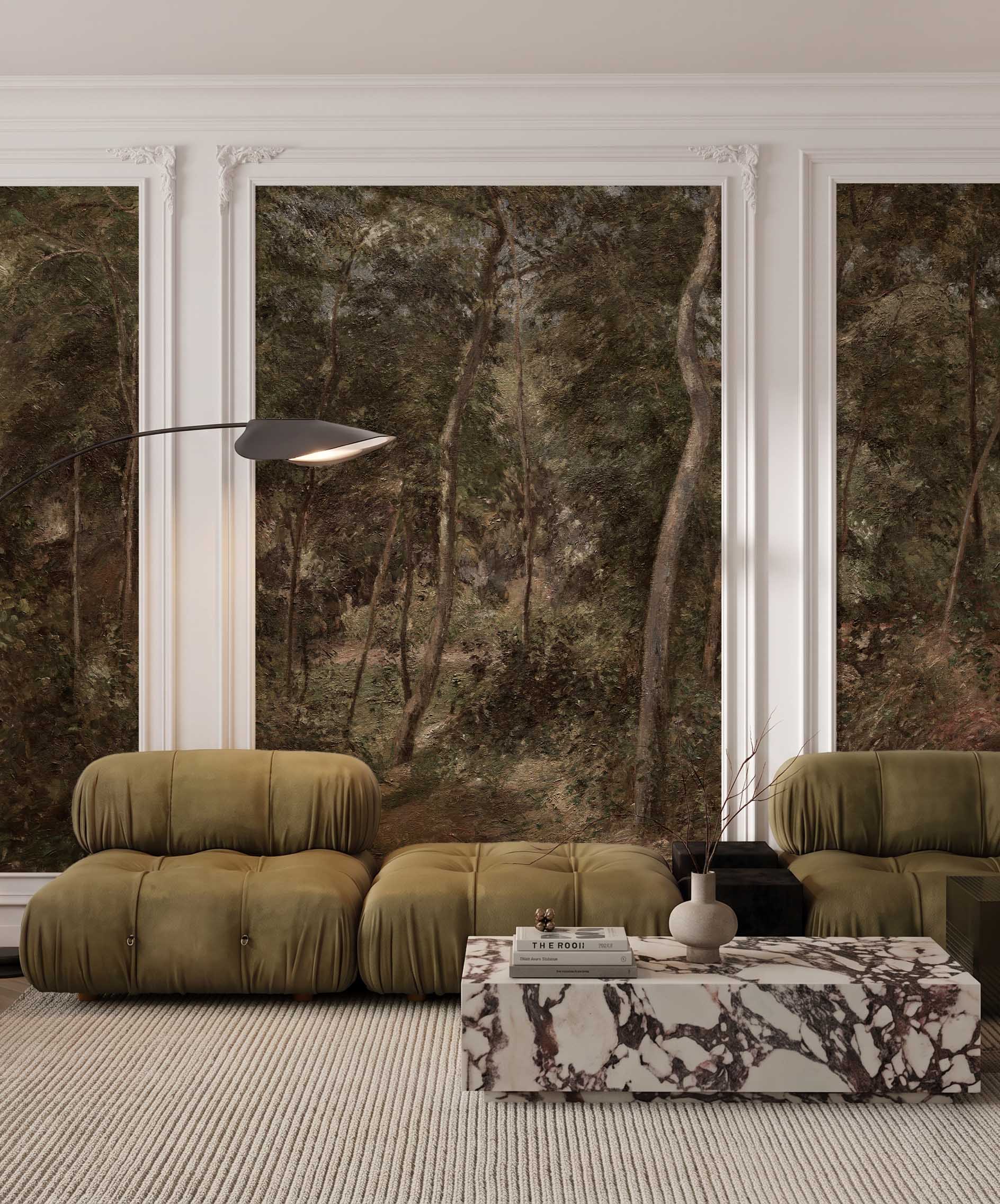 Interior room mockup featuring the Musee Woodland Reverie wall mural with a classic painted forest, creating a calm and sophisticated atmosphere.2 Interior room mockup featuring the Musee Woodland Reverie wall mural with a classic painted forest, creating a calm and sophisticated atmosphere.2