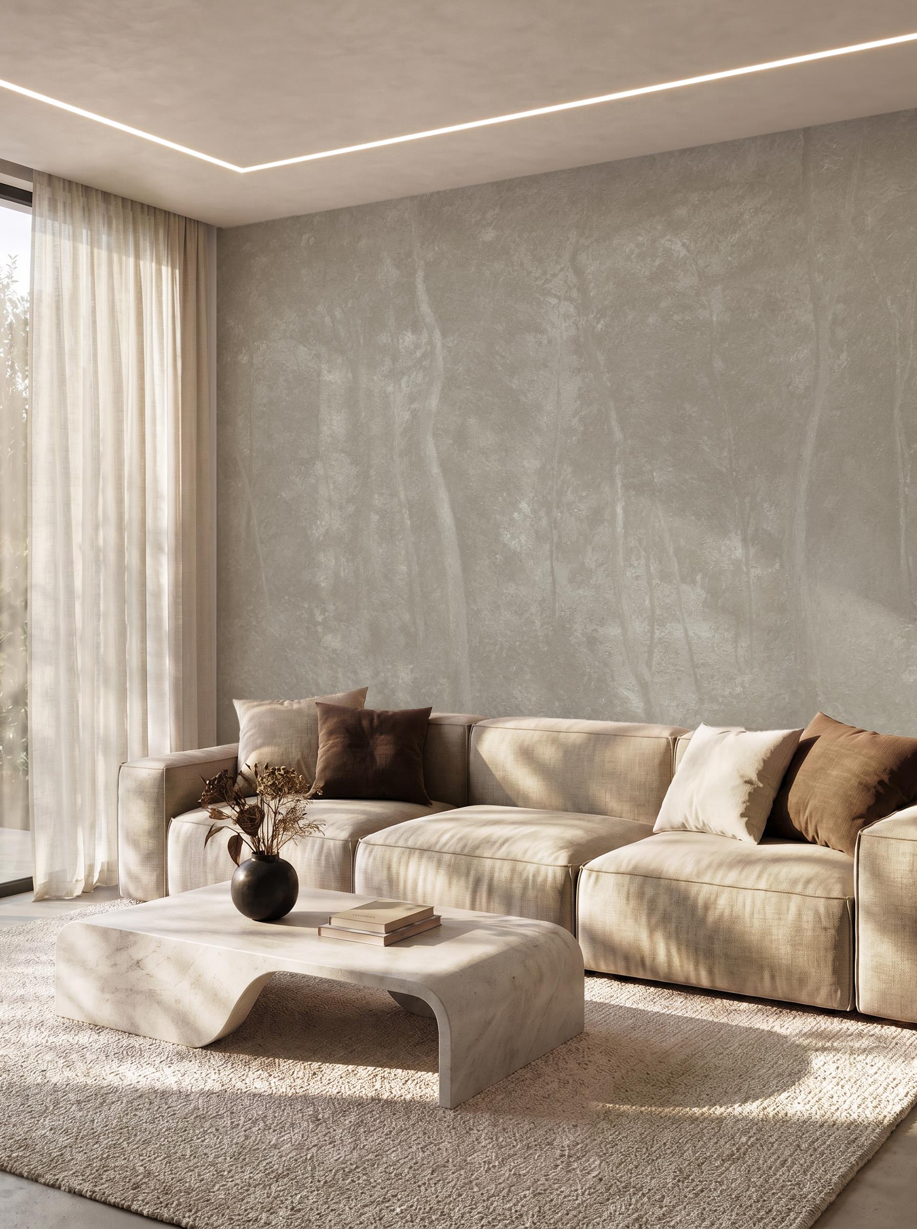 Interior room mockup featuring the Musee Woodland Reverie wall mural with a classic painted forest, creating a calm and sophisticated atmosphere.3 Interior room mockup featuring the Musee Woodland Reverie wall mural with a classic painted forest, creating a calm and sophisticated atmosphere.3