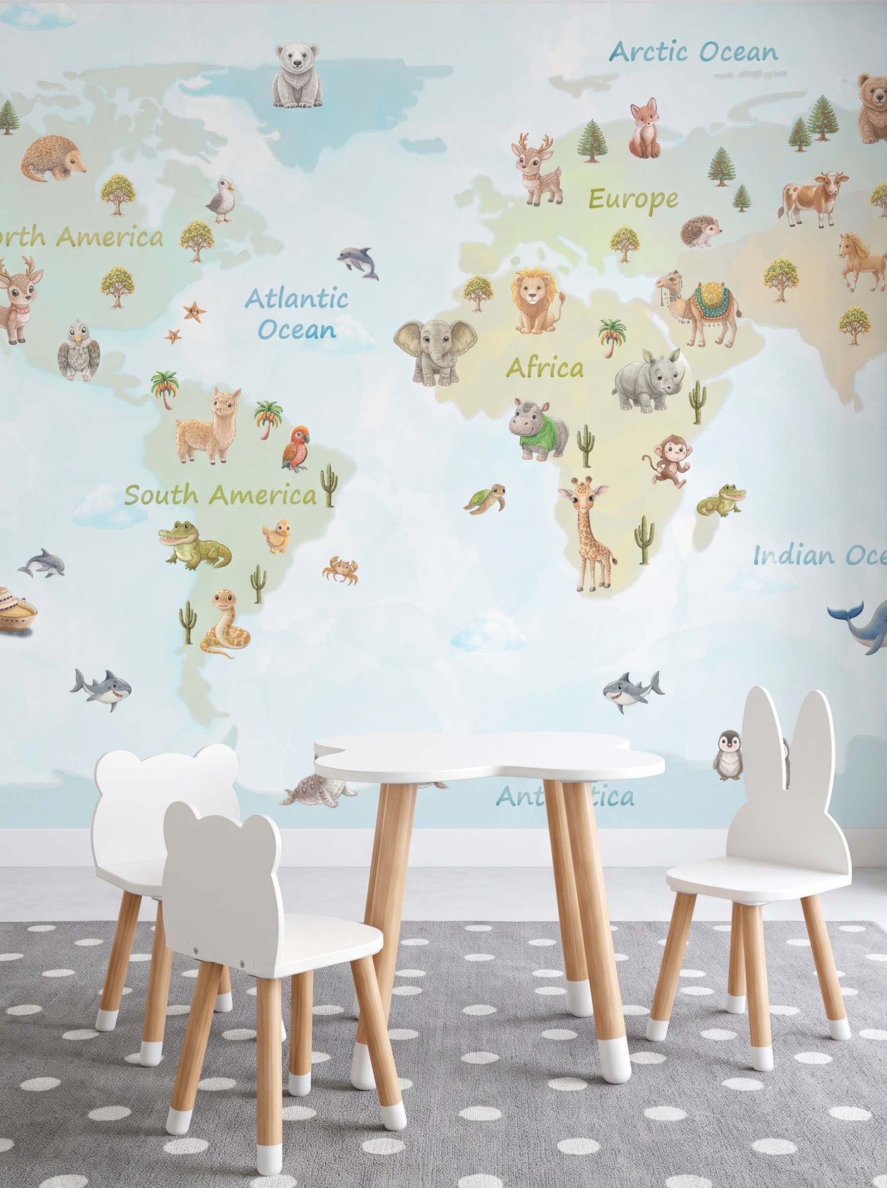 Interior room mockup featuring the Musee World Wonders wall mural with a watercolor animal map, creating an educational and elegant kids room atmosphere.1 Interior room mockup featuring the Musee World Wonders wall mural with a watercolor animal map, creating an educational and elegant kids room atmosphere.1