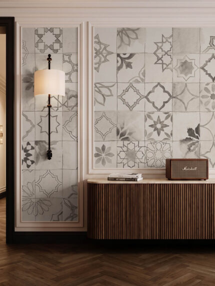 Musee product main image displaying the complete Medina Echoes wallpaper pattern, featuring a seamless illustration of vintage Moroccan tiles with Arabesque and geometric