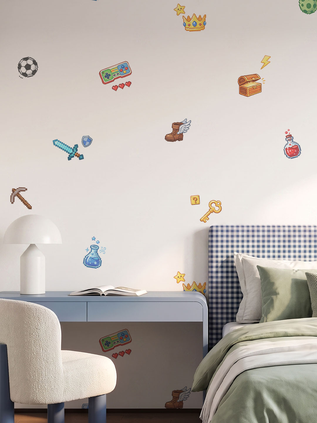 Musee product main image displaying the complete Pixel Quest kids wallpaper pattern, featuring a seamless pixel art illustration of retro gaming elements like swords, potions, and treasure chests.