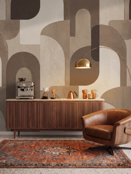 Musee product main image displaying the complete Sculpted Harmony wallpaper pattern, featuring a seamless modern illustration of overlapping architectural arches
