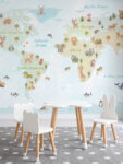 Musee product main image displaying the complete World Wonders kids wallpaper pattern, featuring a seamless watercolor world map illustration with continents, oceans, and native animals.