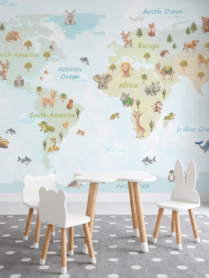 Musee product main image displaying the complete World Wonders kids wallpaper pattern, featuring a seamless watercolor world map illustration with continents, oceans, and native animals.