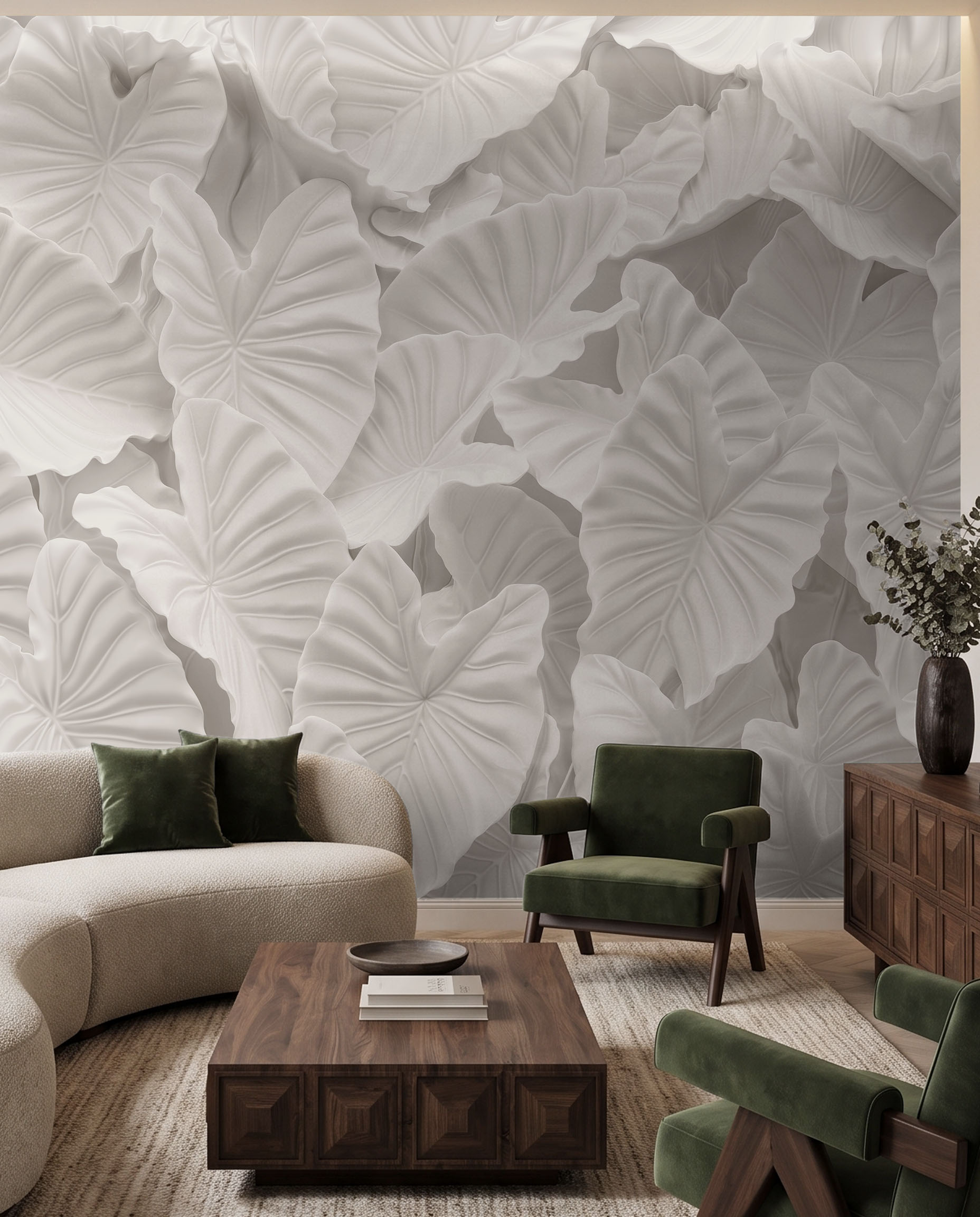 Interior room mockup featuring the Musee Carved Oasis wall mural with a 3D relief leaf pattern, creating a highly textured and sophisticated contemporary atmosphere.1 Interior room mockup featuring the Musee Carved Oasis wall mural with a 3D relief leaf pattern, creating a highly textured and sophisticated contemporary atmosphere.1