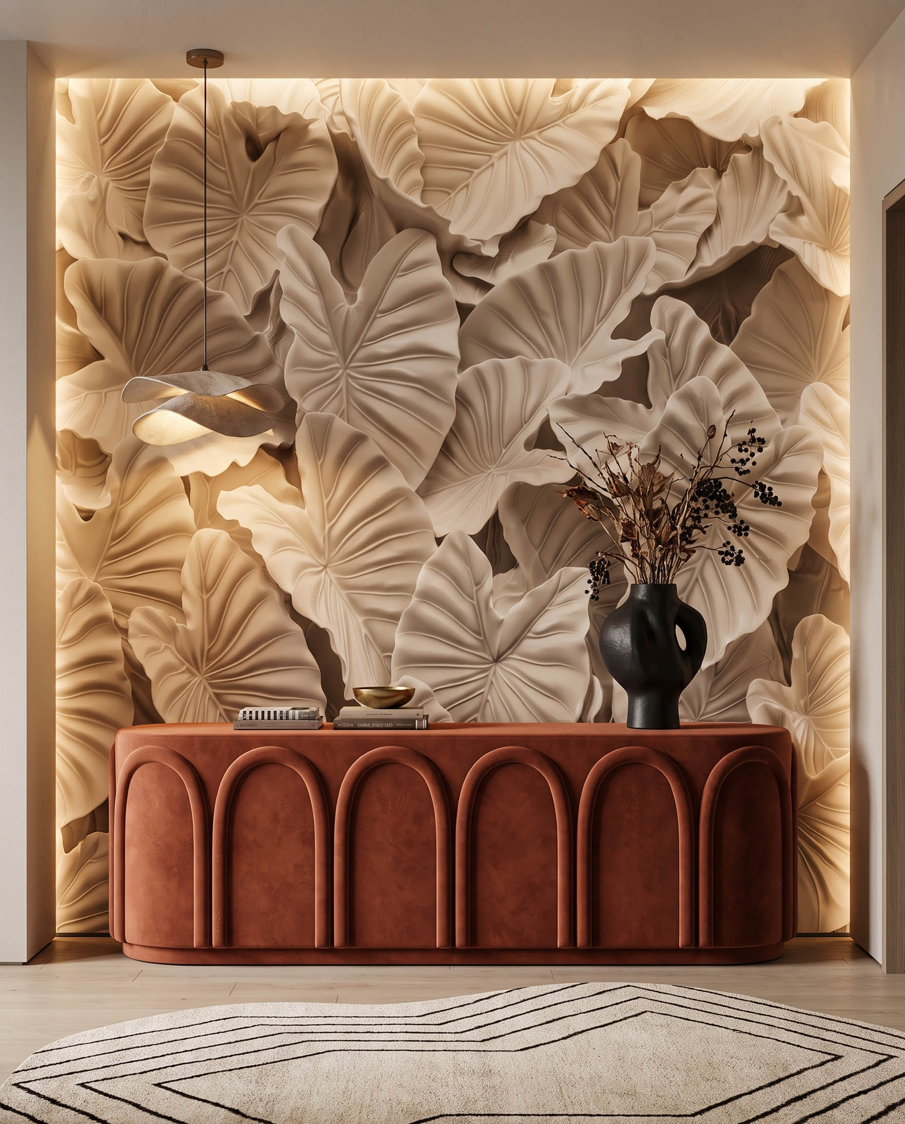 Interior room mockup featuring the Musee Carved Oasis wall mural with a 3D relief leaf pattern, creating a highly textured and sophisticated contemporary atmosphere.2 Interior room mockup featuring the Musee Carved Oasis wall mural with a 3D relief leaf pattern, creating a highly textured and sophisticated contemporary atmosphere.2
