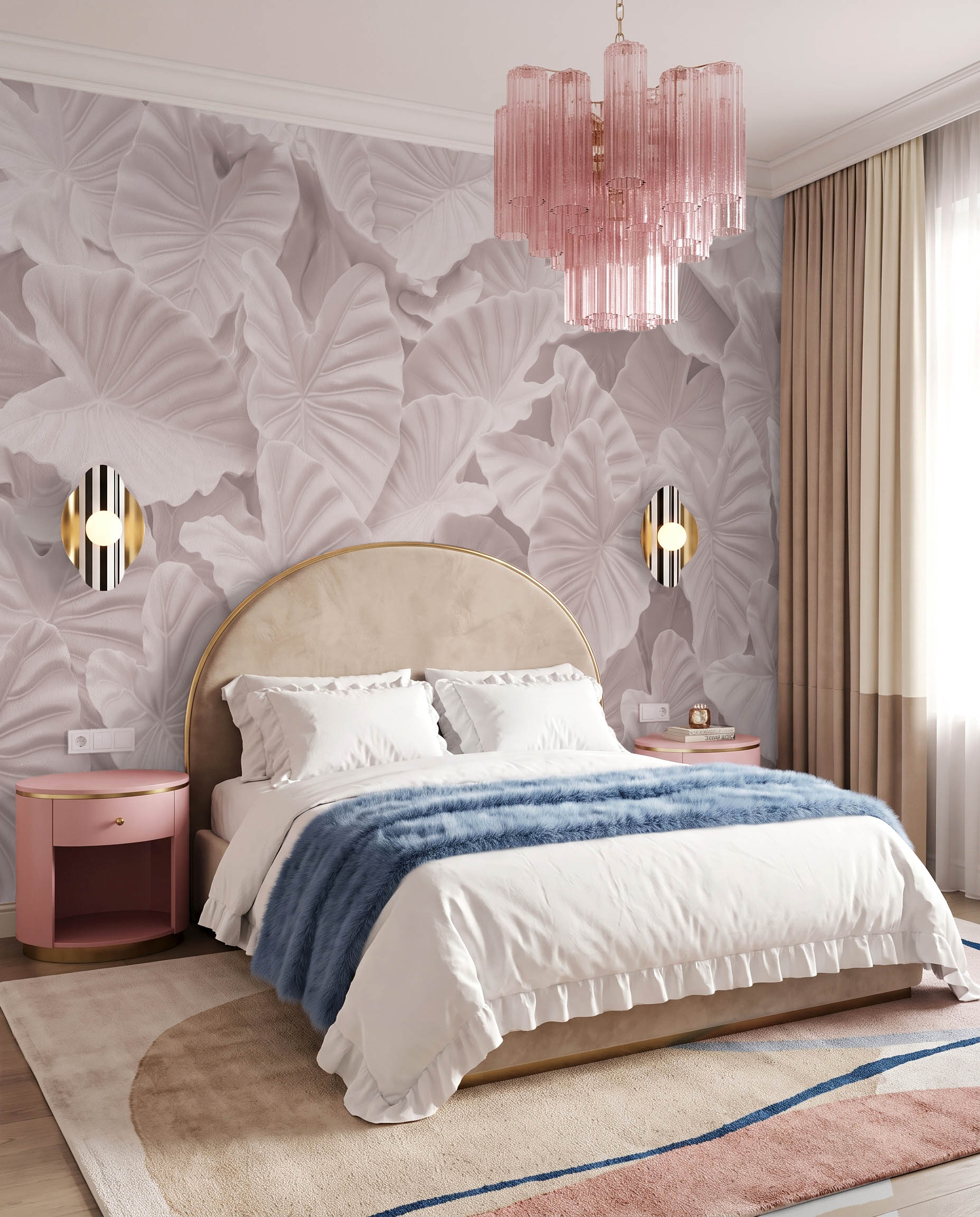 Interior room mockup featuring the Musee Carved Oasis wall mural with a 3D relief leaf pattern, creating a highly textured and sophisticated contemporary atmosphere.3 Interior room mockup featuring the Musee Carved Oasis wall mural with a 3D relief leaf pattern, creating a highly textured and sophisticated contemporary atmosphere.3