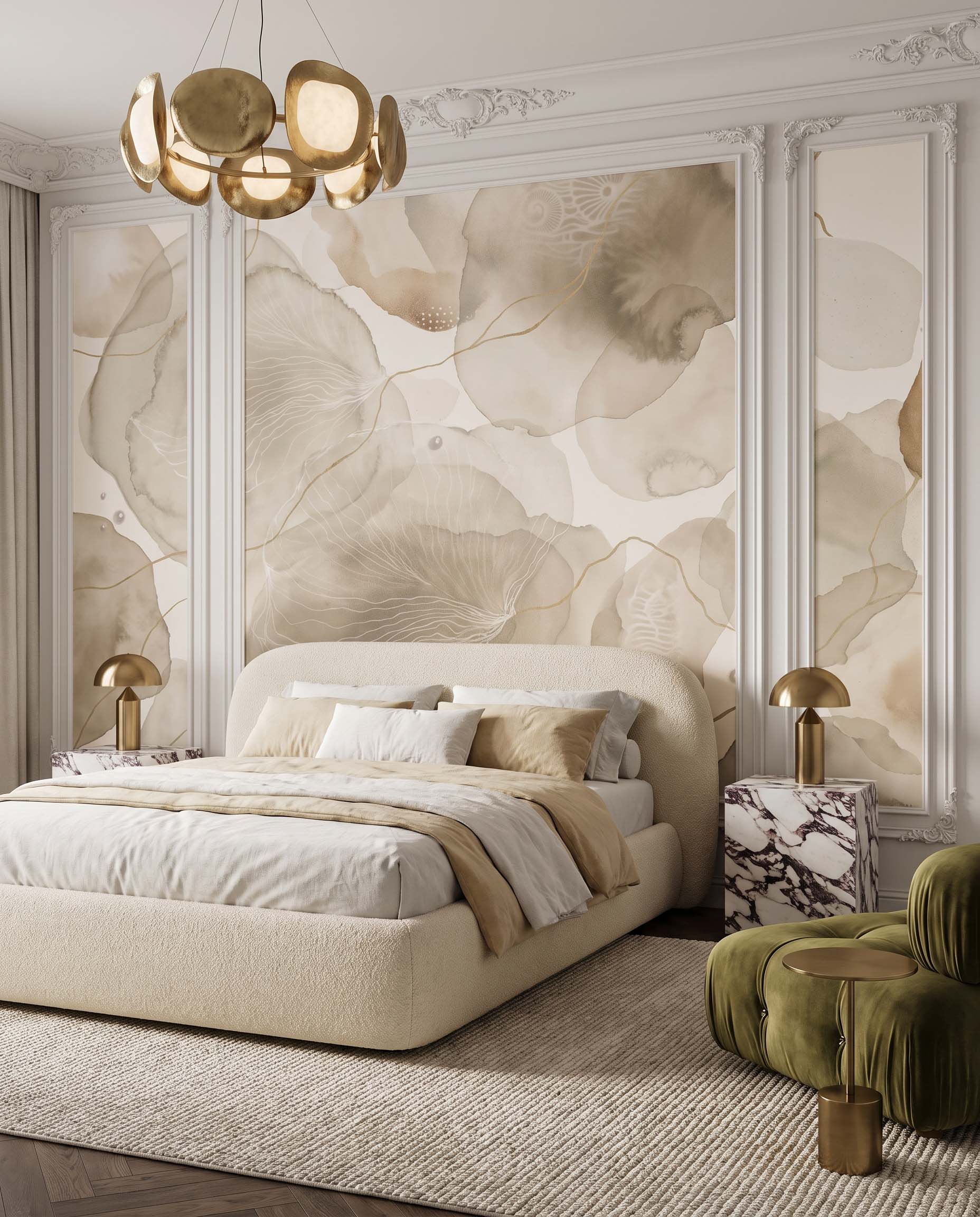 Interior room mockup featuring the Musee Ethereal Aura wall mural with abstract organic shapes and fine lines, creating a serene and sophisticated contemporary atmosphere.1