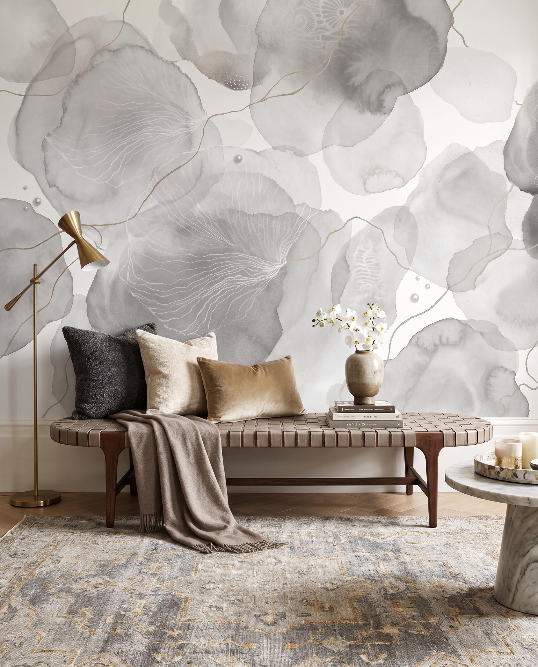 Interior room mockup featuring the Musee Ethereal Aura wall mural with abstract organic shapes and fine lines, creating a serene and sophisticated contemporary atmosphere.2