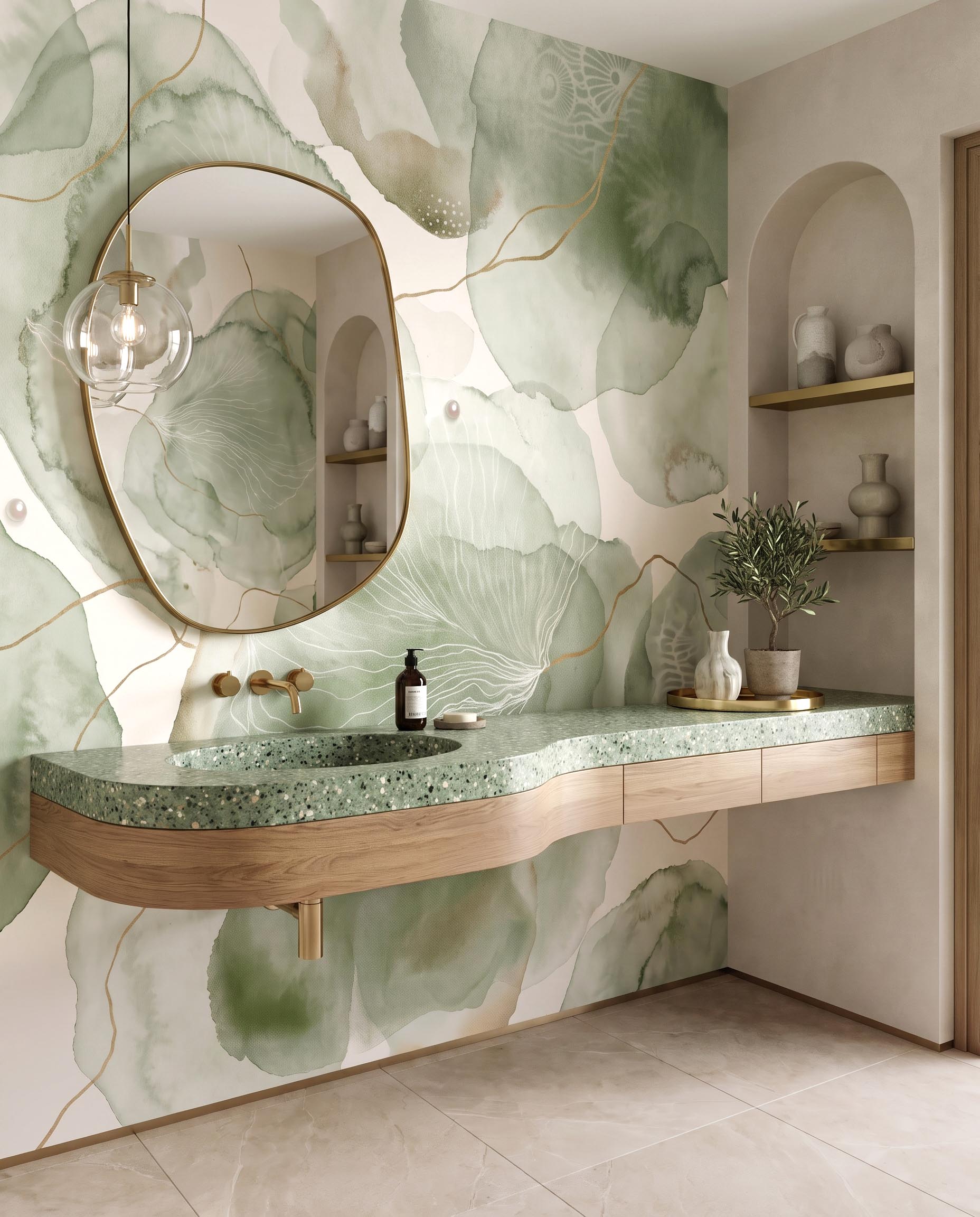 Interior room mockup featuring the Musee Ethereal Aura wall mural with abstract organic shapes and fine lines, creating a serene and sophisticated contemporary atmosphere.3