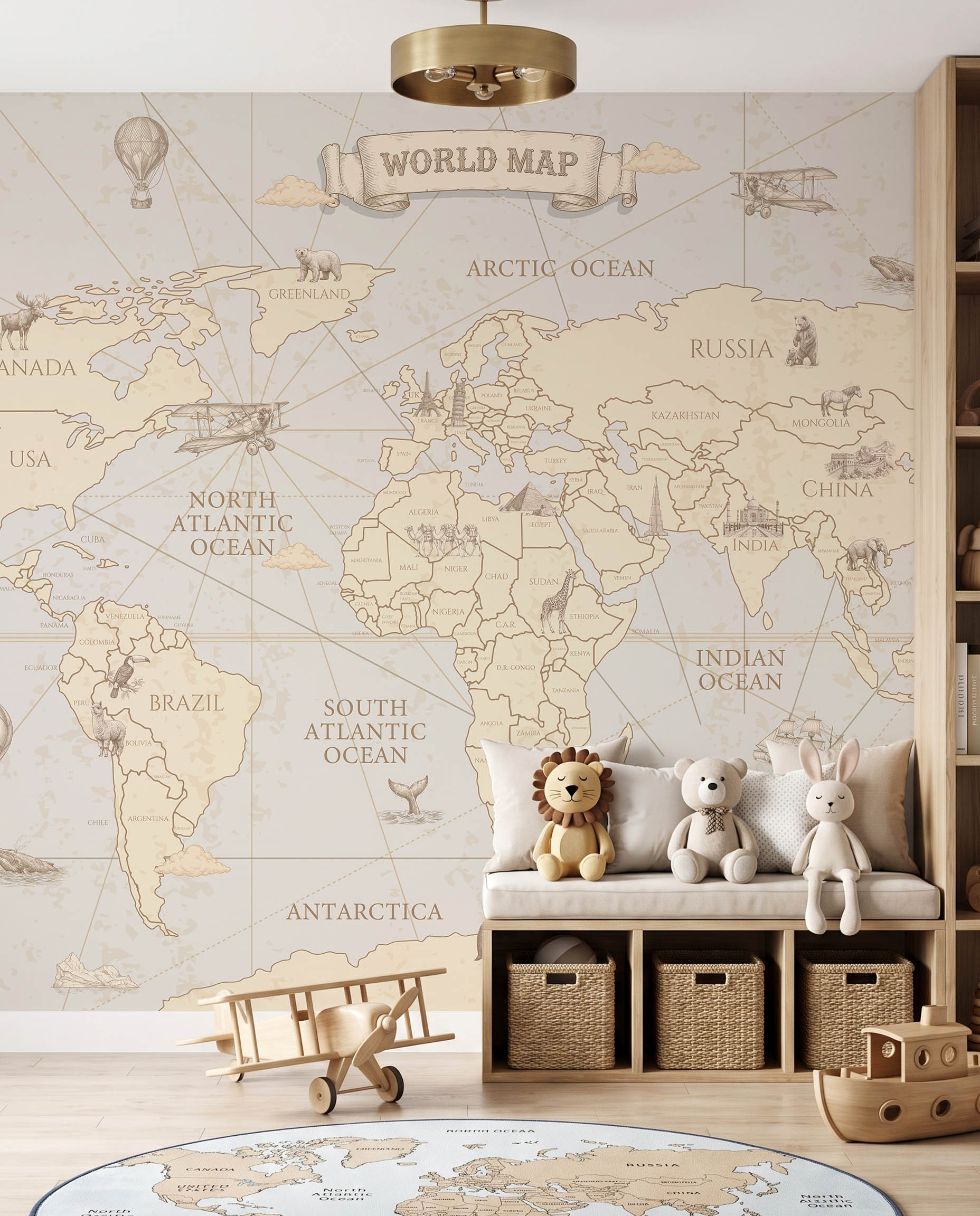 Interior room mockup featuring the Musee Navigator's Atlas wall mural with a vintage sketched world map, creating an elegant and educational kids room atmosphere.1 Interior room mockup featuring the Musee Navigator's Atlas wall mural with a vintage sketched world map, creating an elegant and educational kids room atmosphere.1