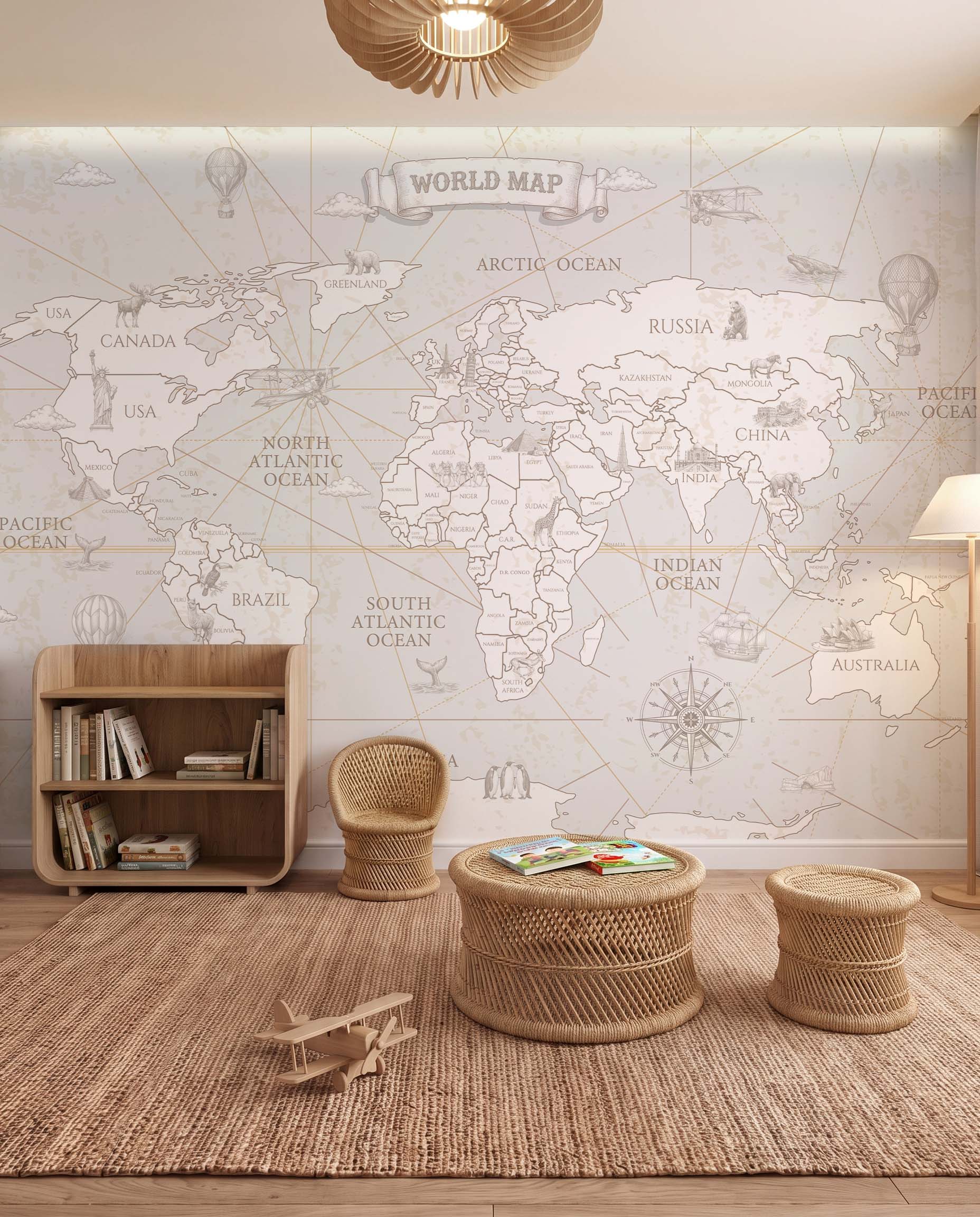 Interior room mockup featuring the Musee Navigator's Atlas wall mural with a vintage sketched world map, creating an elegant and educational kids room atmosphere.2 Interior room mockup featuring the Musee Navigator's Atlas wall mural with a vintage sketched world map, creating an elegant and educational kids room atmosphere.2