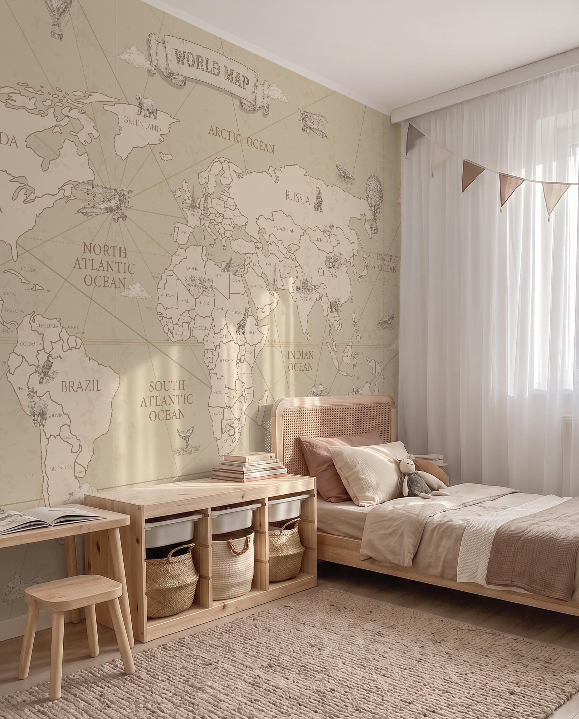Interior room mockup featuring the Musee Navigator's Atlas wall mural with a vintage sketched world map, creating an elegant and educational kids room atmosphere.3 Interior room mockup featuring the Musee Navigator's Atlas wall mural with a vintage sketched world map, creating an elegant and educational kids room atmosphere.3