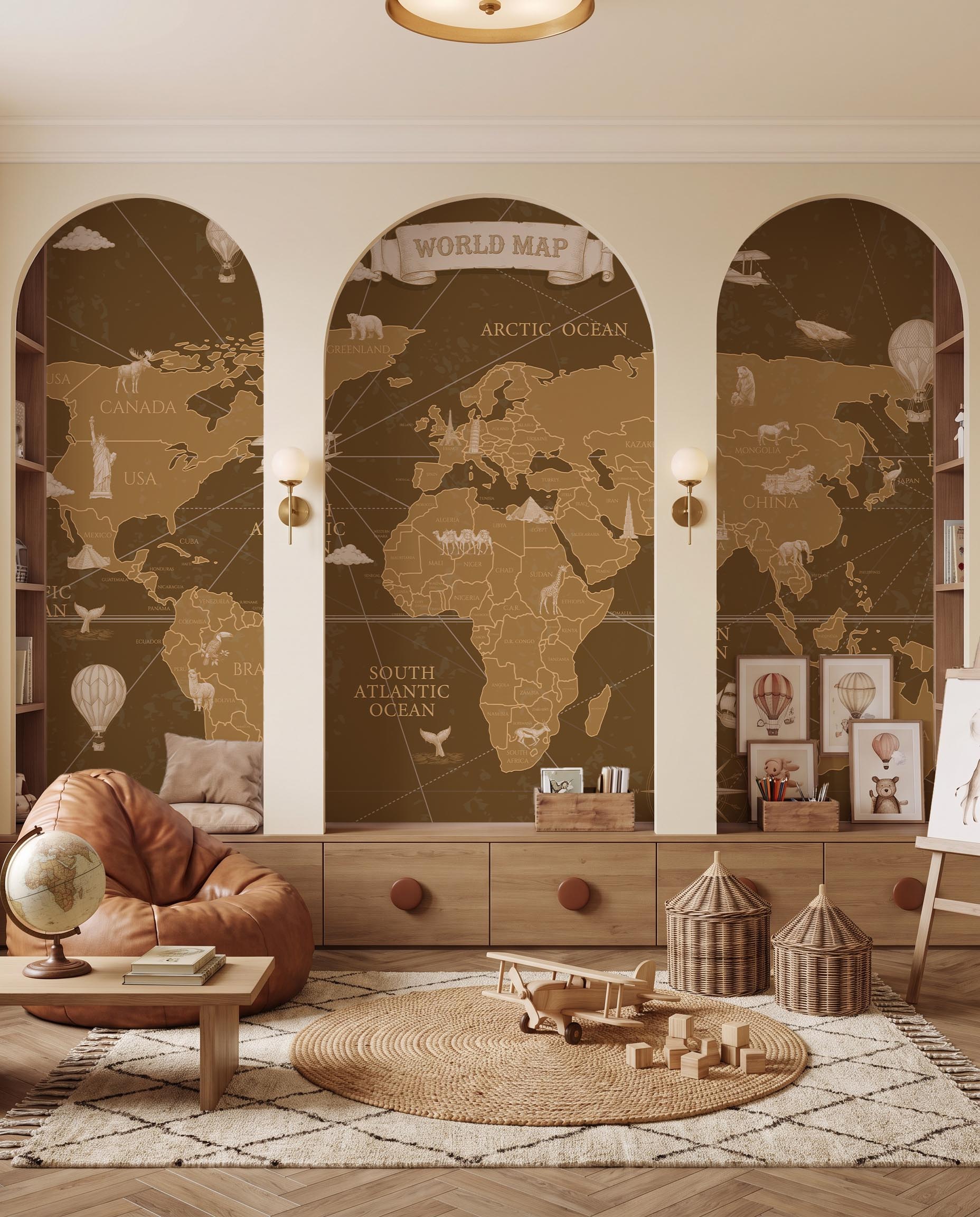 Interior room mockup featuring the Musee Navigator's Atlas wall mural with a vintage sketched world map, creating an elegant and educational kids room atmosphere.4 Interior room mockup featuring the Musee Navigator's Atlas wall mural with a vintage sketched world map, creating an elegant and educational kids room atmosphere.4