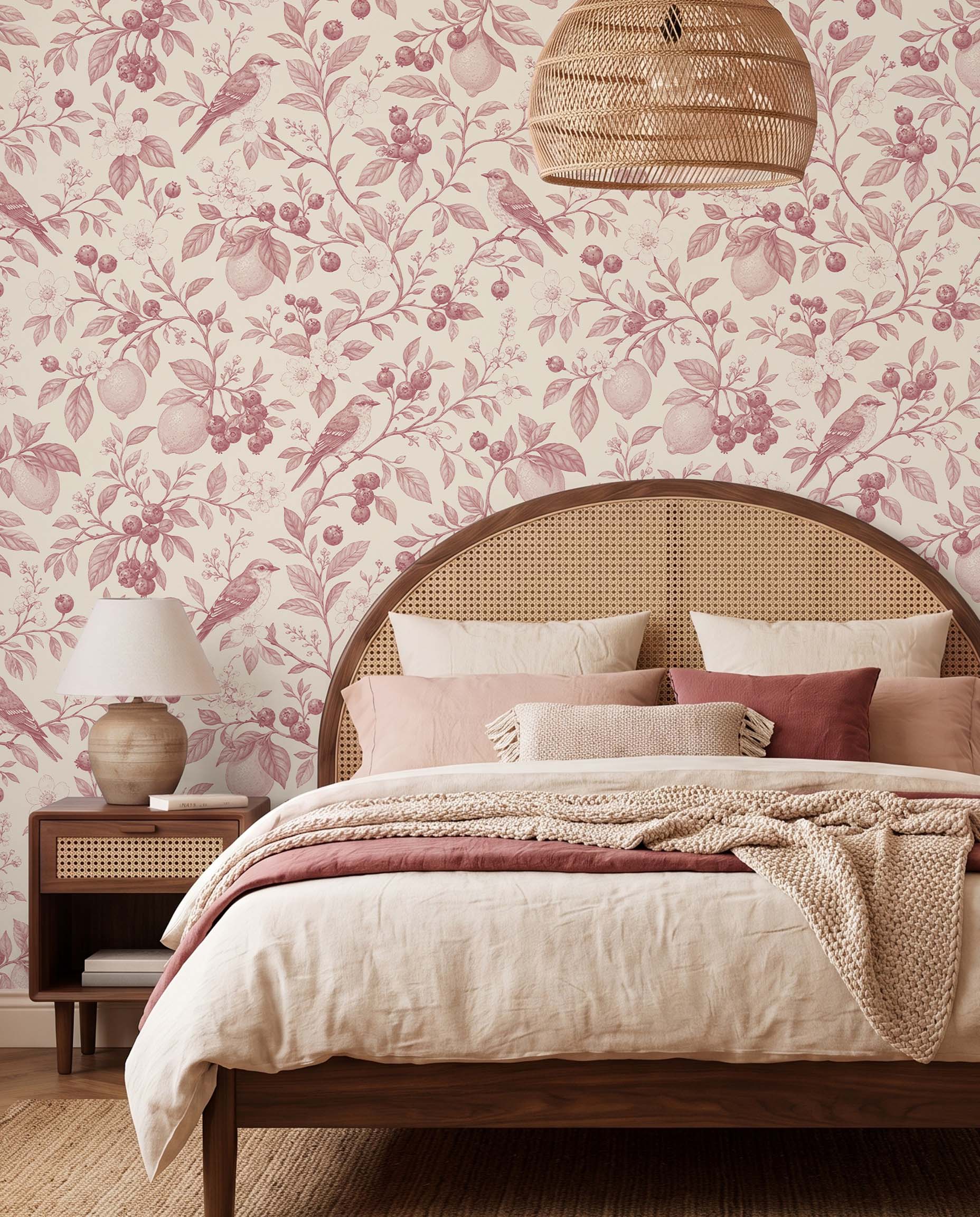 Interior room mockup featuring the Musee Orchard Symphony wall mural with a botanical bird and fruit pattern, creating a fresh and sophisticated contemporary atmosphere.1