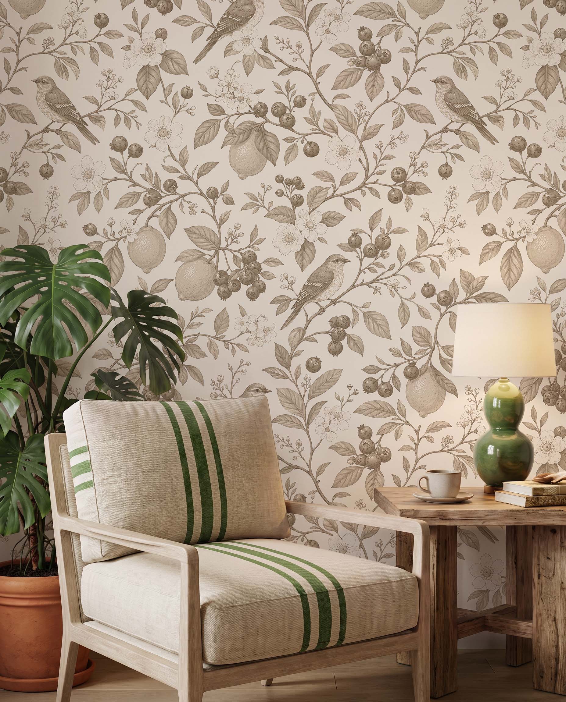 Interior room mockup featuring the Musee Orchard Symphony wall mural with a botanical bird and fruit pattern, creating a fresh and sophisticated contemporary atmosphere.2